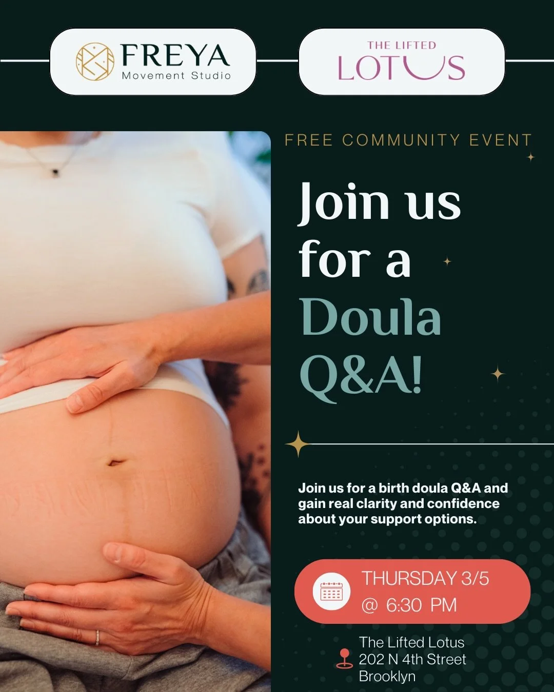 RESCHEDULED!🗓️ Join us on Thursday March 5th at 6:30pm at The Lifted Lotus for a FREE Birth Prep Q&amp;A led by Jenny Hoofnagle, Owner of Freya Movement Studio + Certified Birth Doula.

✨ RSVP REQUIRED (limited space!) ✨
Partners + support people we