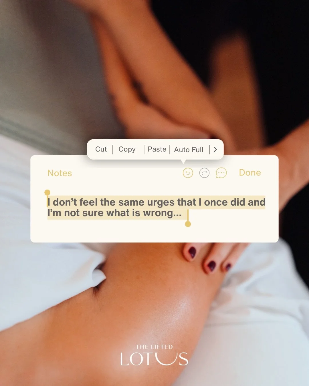 Your body has changed, and your experience of pleasure can change too.

That&rsquo;s not a problem to fix. It&rsquo;s something to understand and support.

You don&rsquo;t have to navigate discomfort, disconnection, or confusion on your own.

We&rsqu