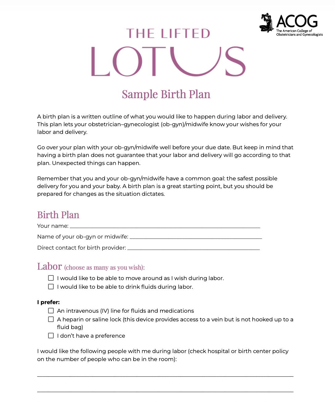 Sample birth plan document titled 'The Lifted Lotus' from the American College of Obstetricians and Gynecologists (ACOG), with sections for personal information, labor preferences, and support persons.