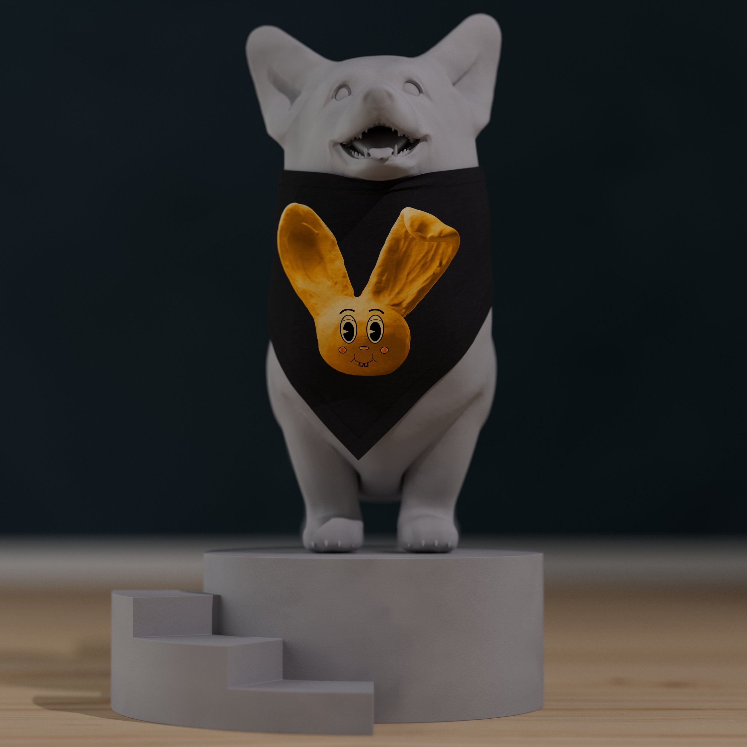 Sunny Bun pet bandana on a small dog, showcasing a bright yellow bunny with blushing cheeks, on a black bandana, front view.