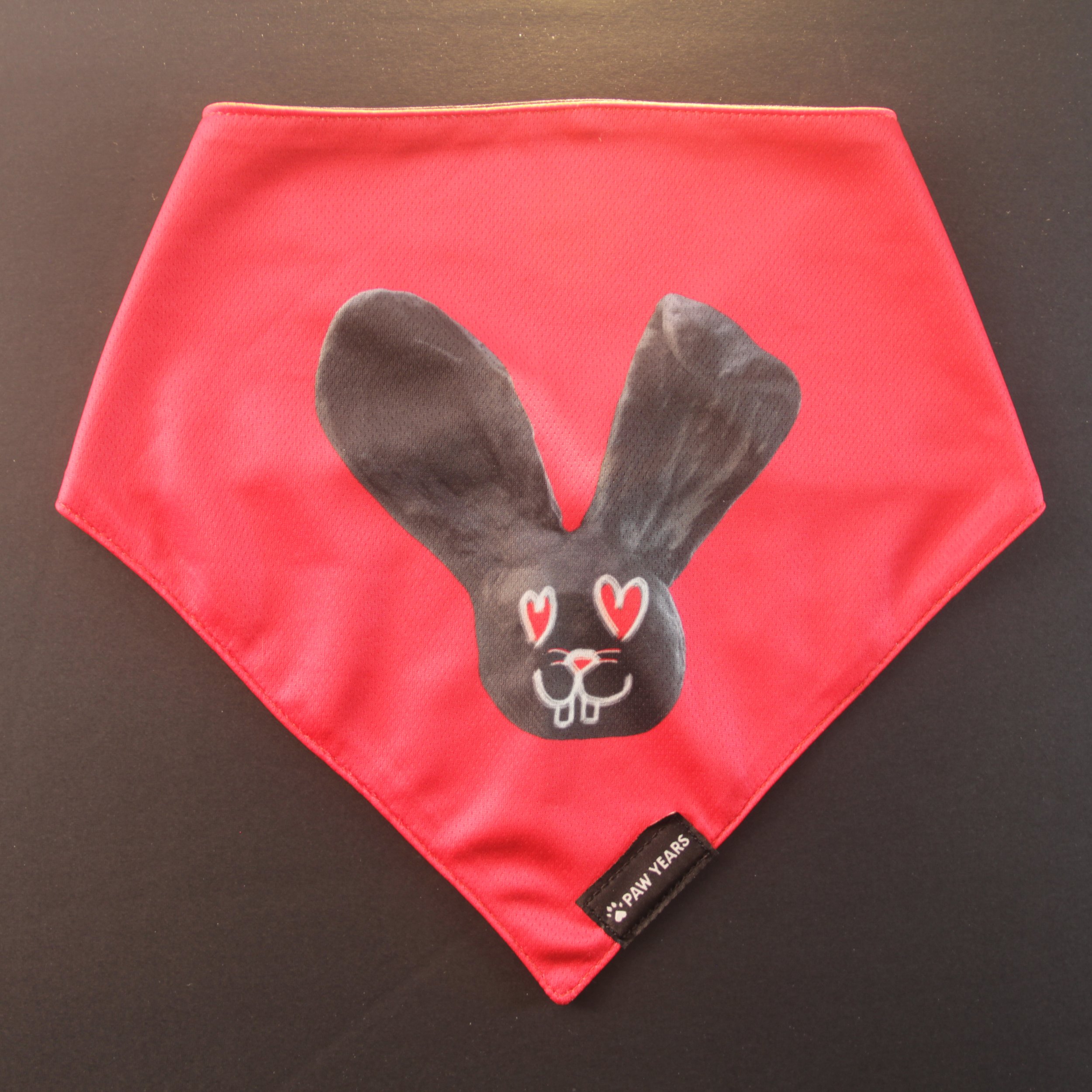 Flat lay of red reversible bandana featuring Lovestruck black bunny character with heart eyes.