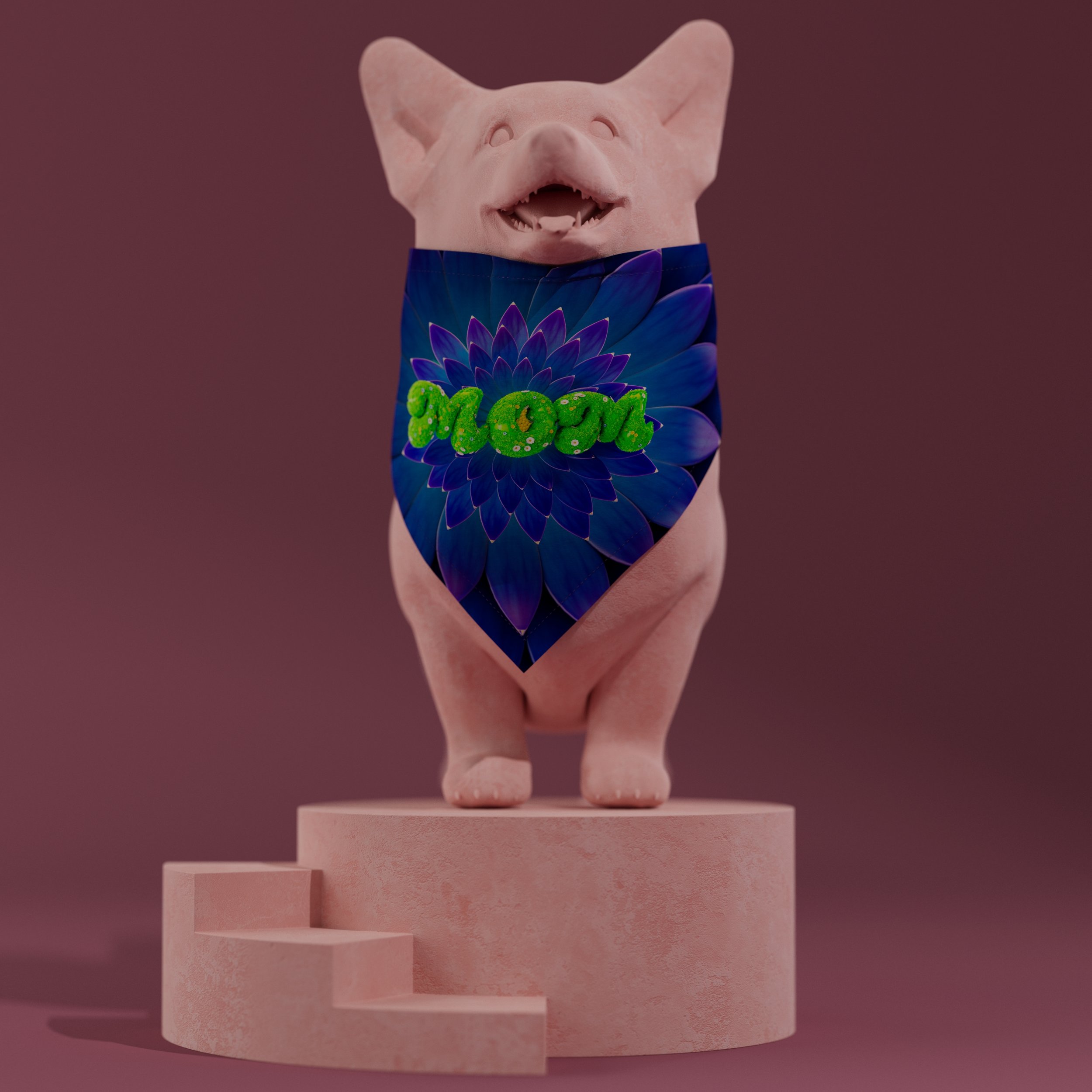 Emerald pet bandana on a small dog, showing green 'MOM' surrounded by grass and colorful flowers, front view.
