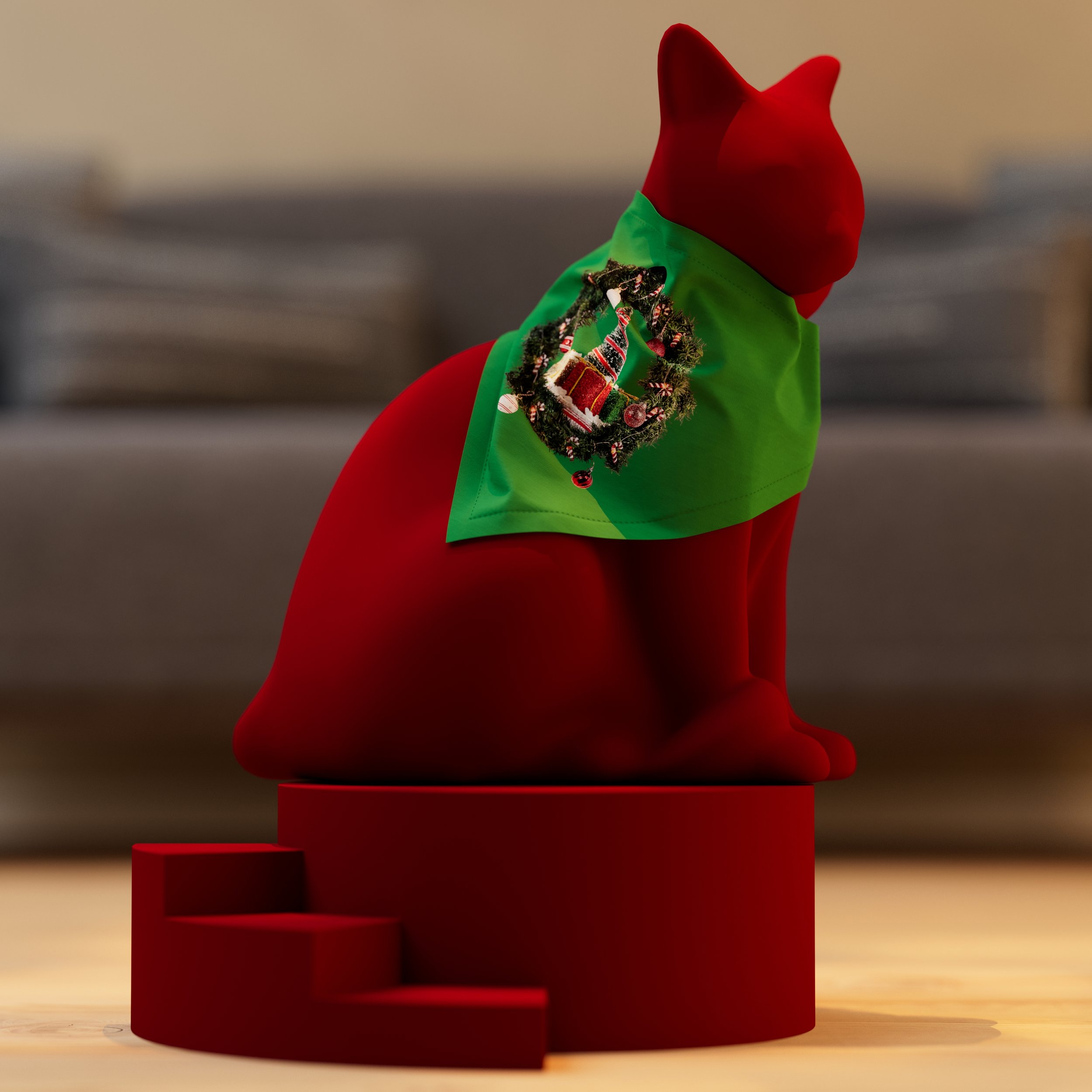 Frost Ave pet bandana on a cat, featuring a festive winter town scene with a Christmas tree, wreaths, and presents, side view.