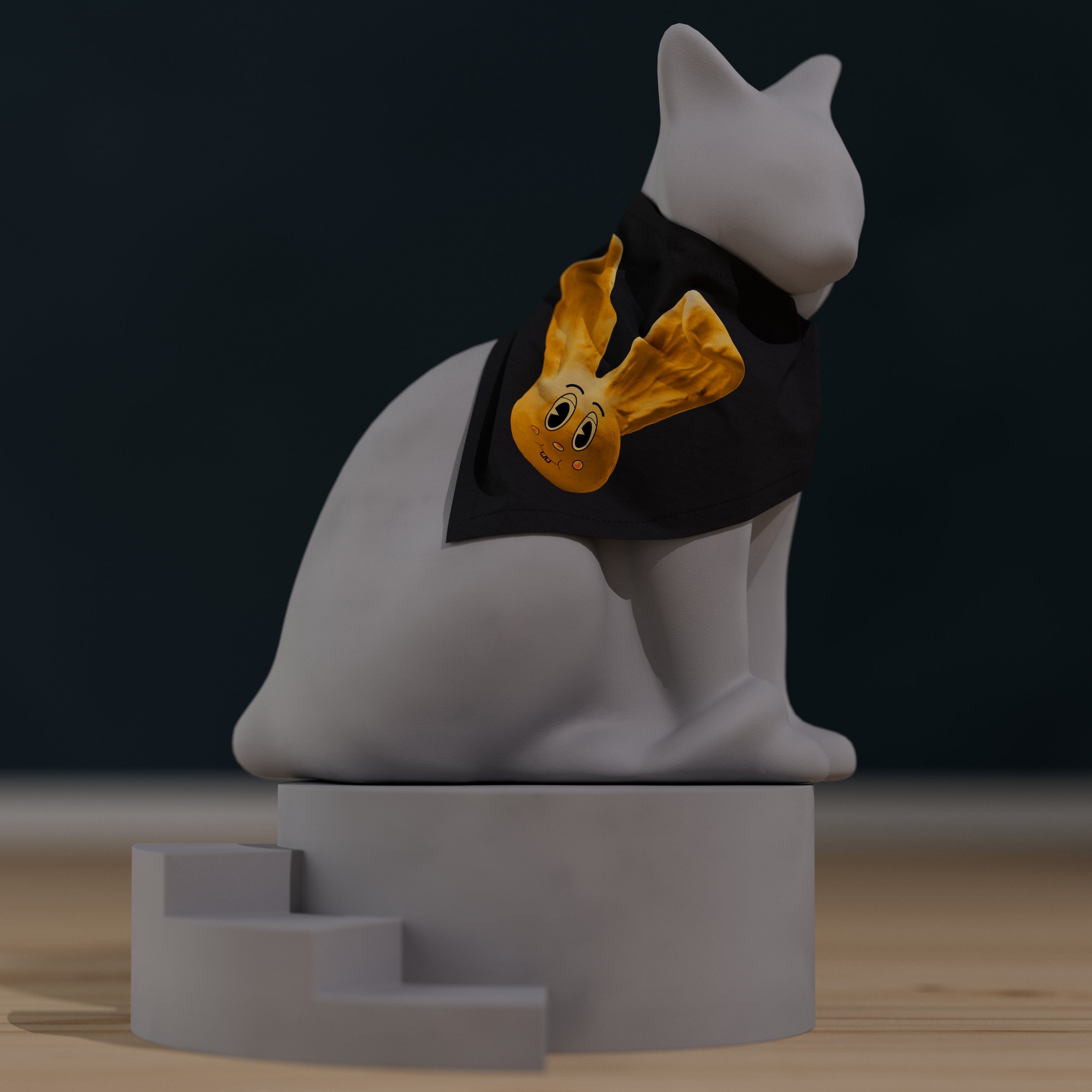 Sunny Bun pet bandana on a cat, featuring a bright yellow bunny with blushing cheeks, on a black bandana, side view.