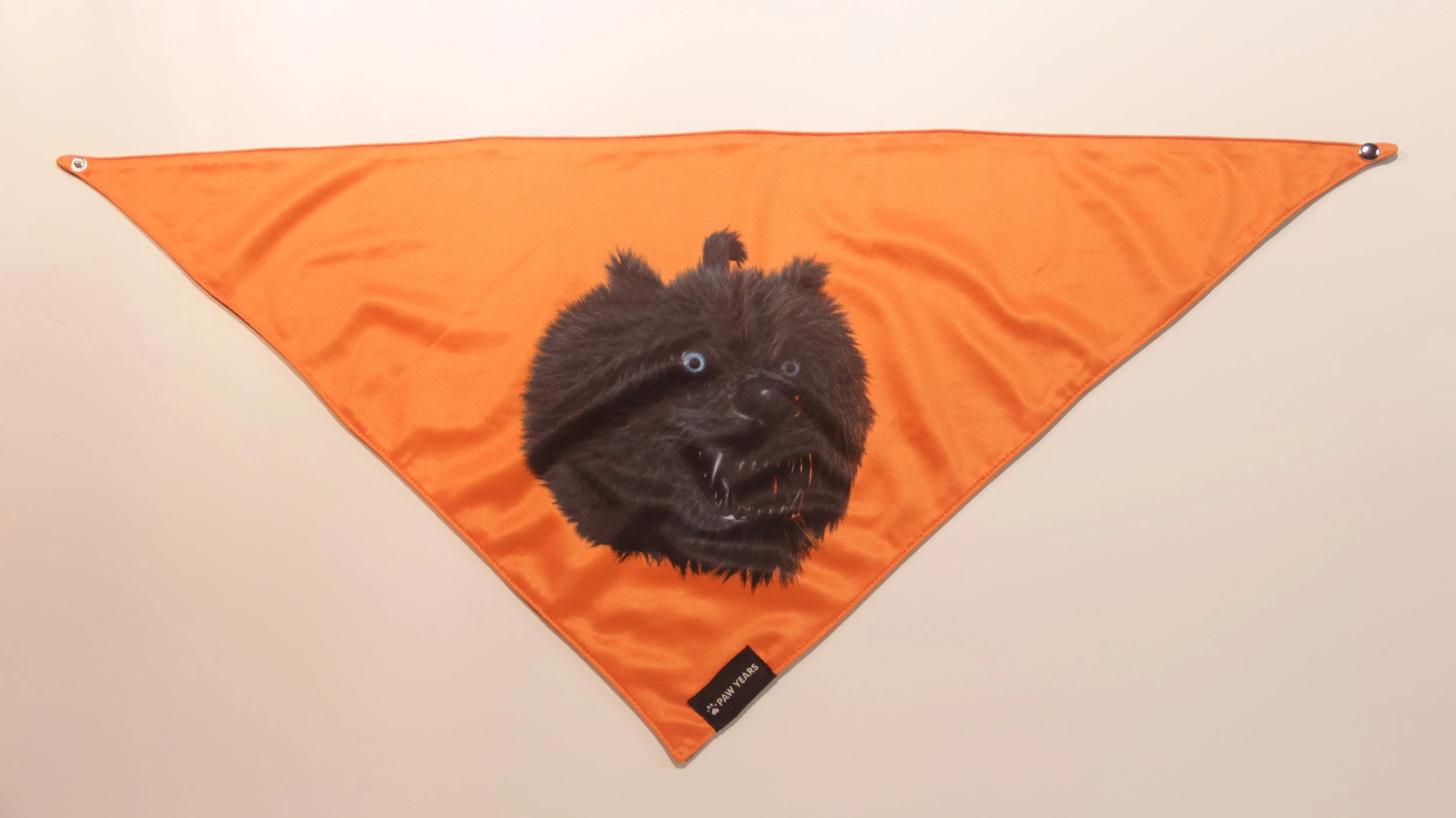 Flat lay of limited edition orange wolf bandana on white background.