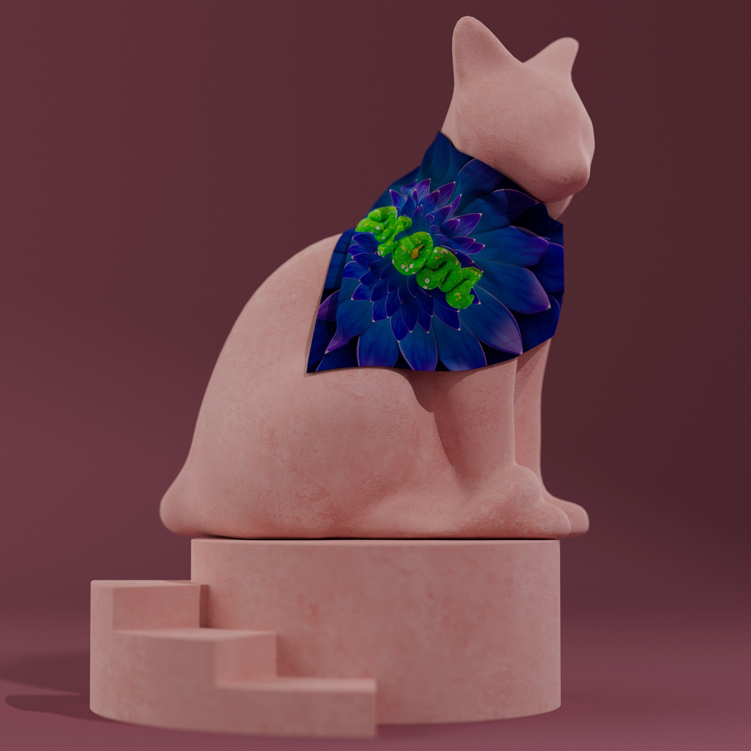 Emerald pet bandana on a cat, featuring green 'MOM' lettering covered in grass and daisies, side view.