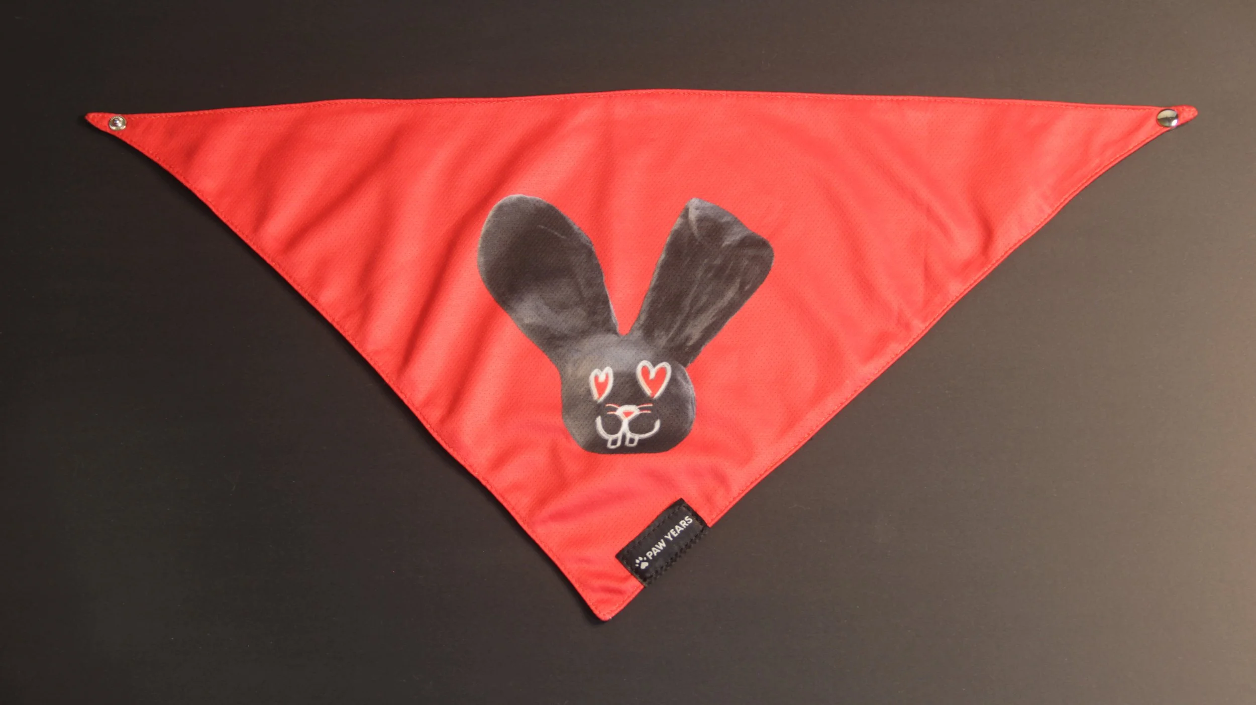 Flat lay of the red Lovestruck bandana featuring a black bunny with heart eyes.