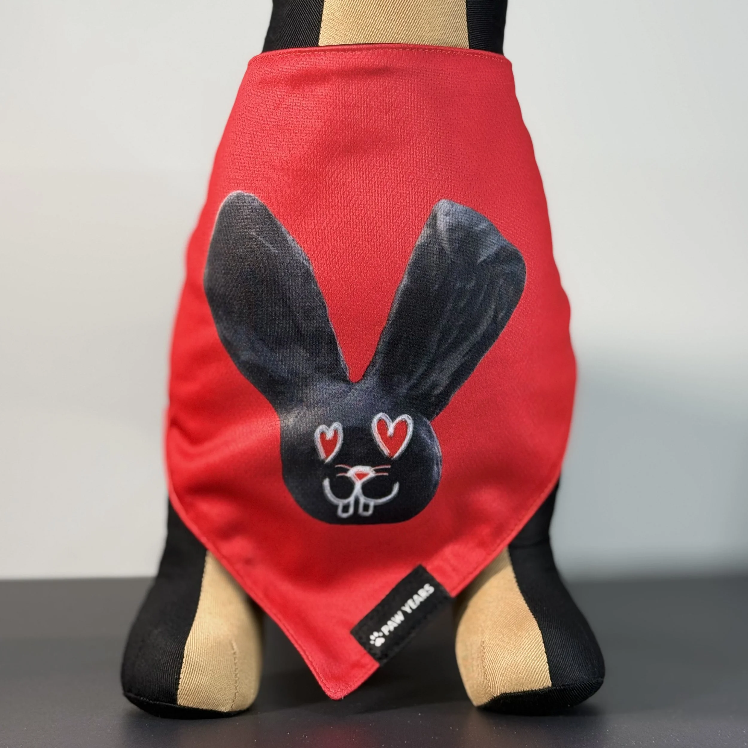 Front view of small dog mannequin wearing red Lovestruck bandana showing heart-eye bunny graphic.