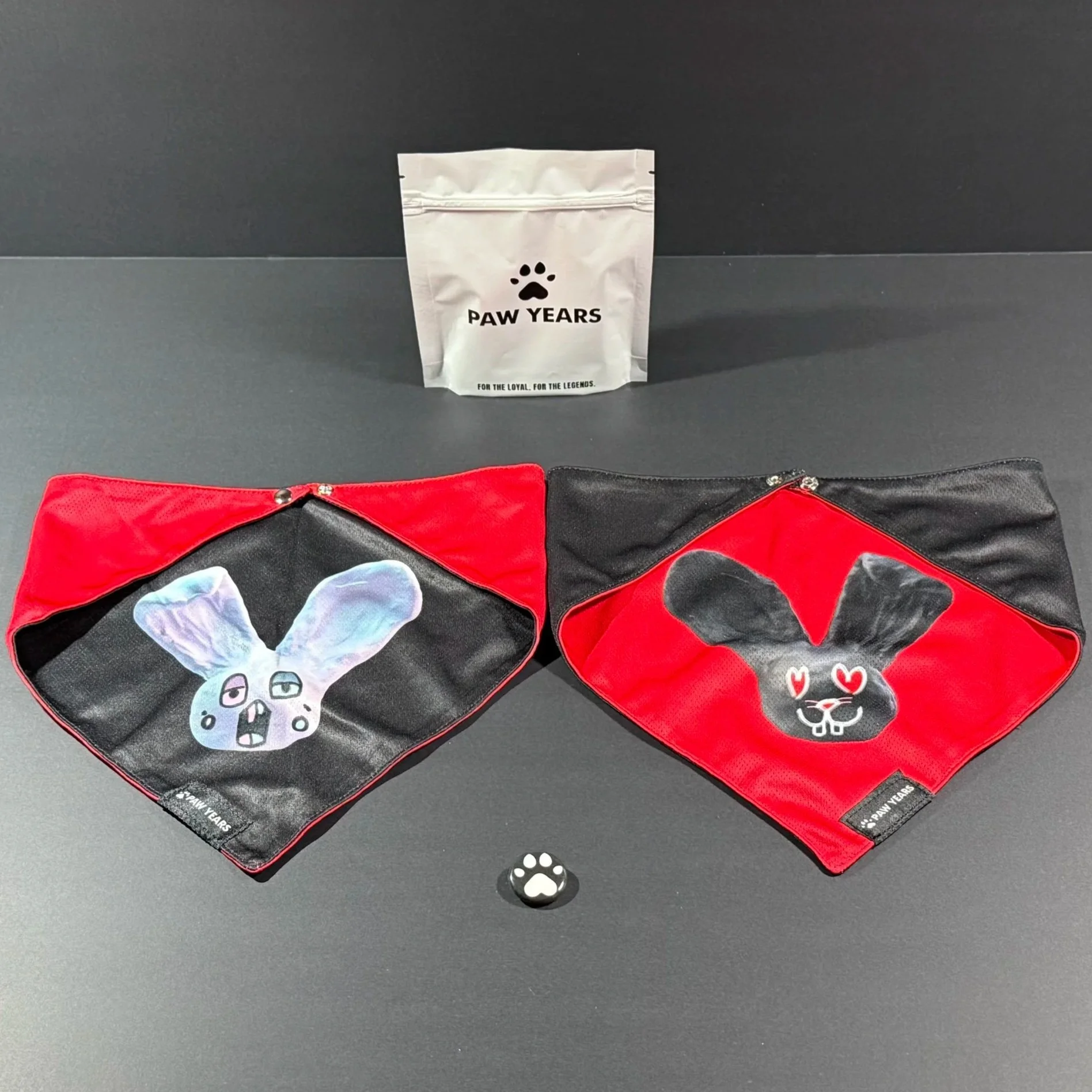 Two limited edition bandanas side-by-side showing both Loopy and Lovestruck designs with Paw Years packaging.