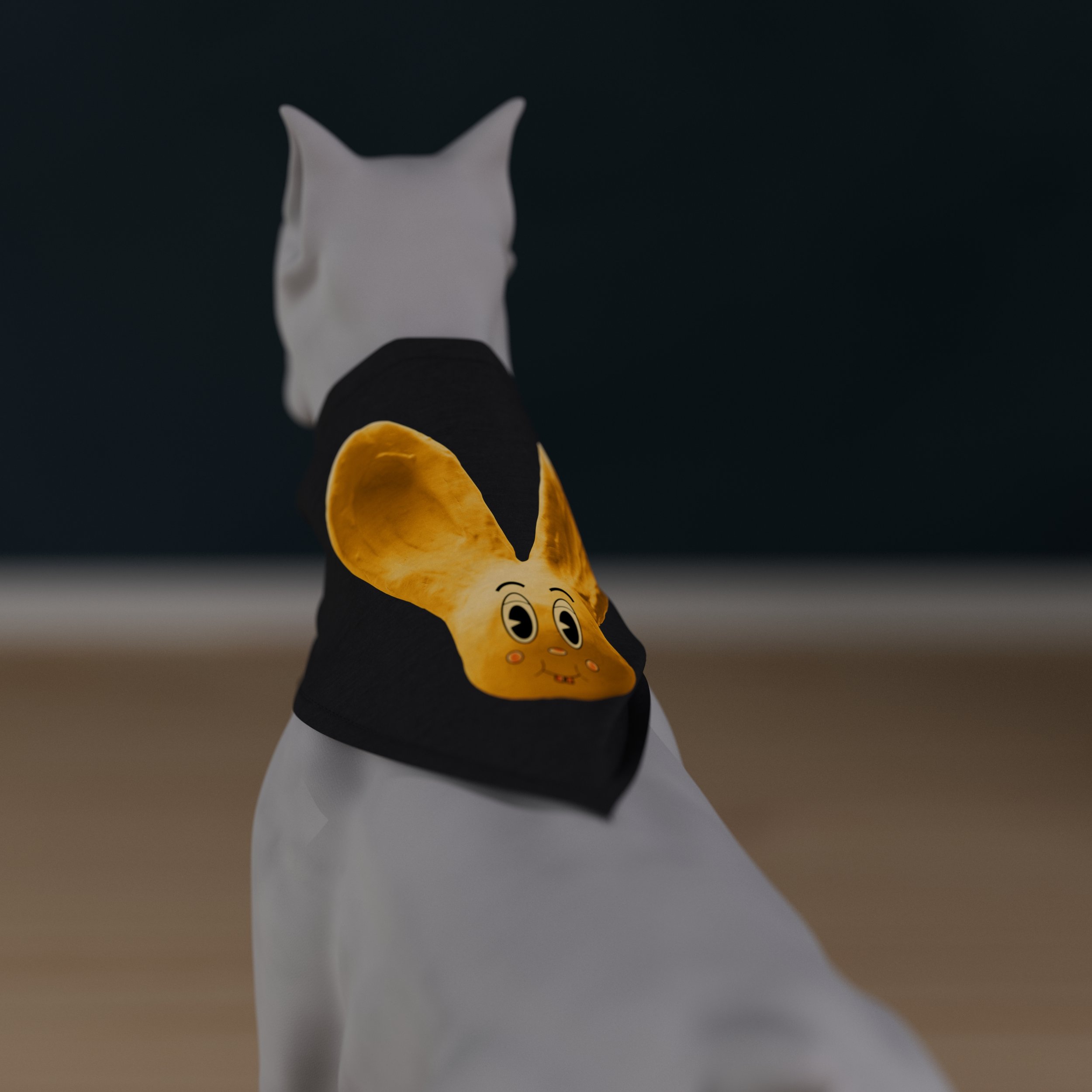 Sunny Bun pet bandana on a large dog, displayed from the back, showcasing a bright yellow bunny with blushing cheeks, on a black bandana, top view.