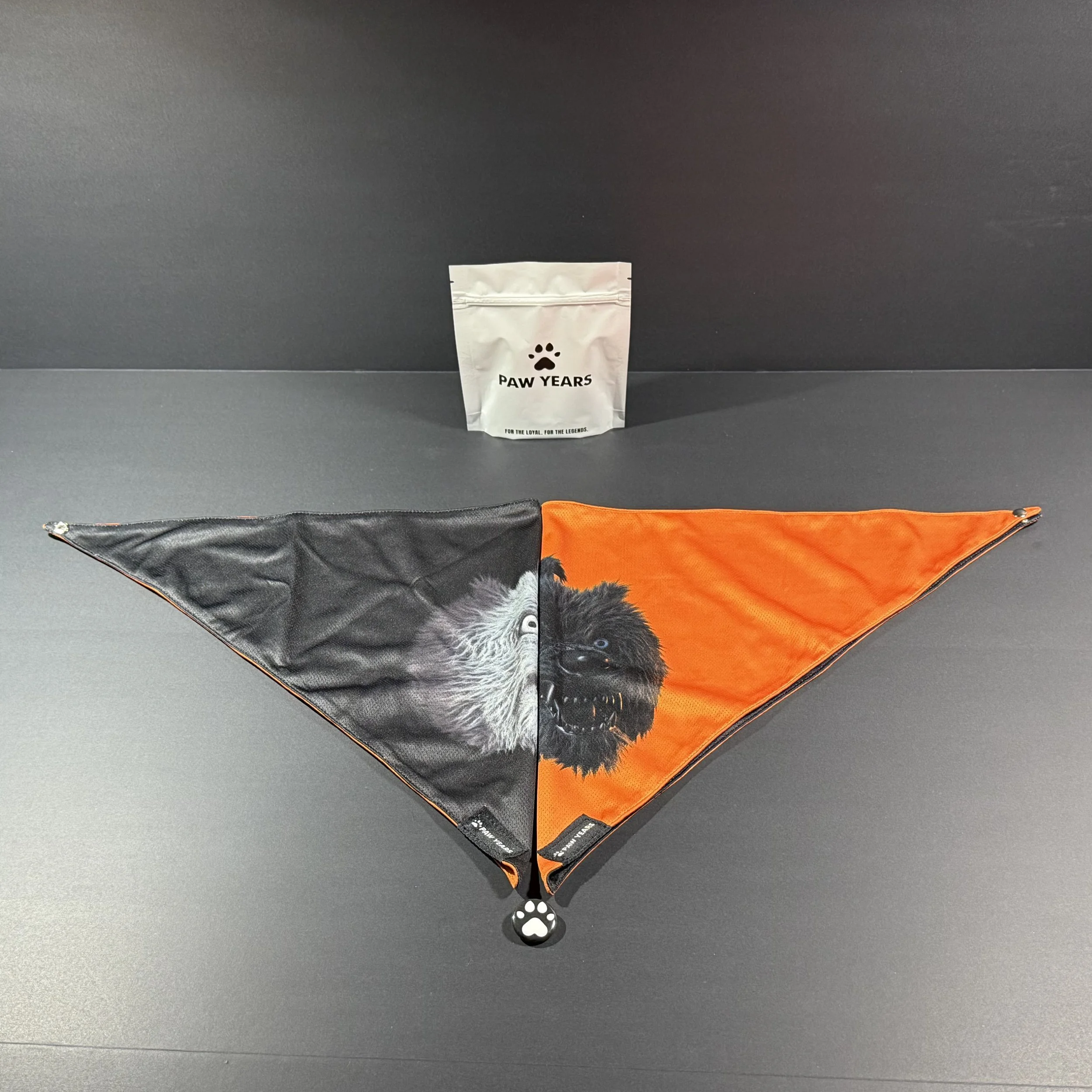 Lycan reversible bandana set showing both Apollo white wolf and Orion black wolf designs with packaging.