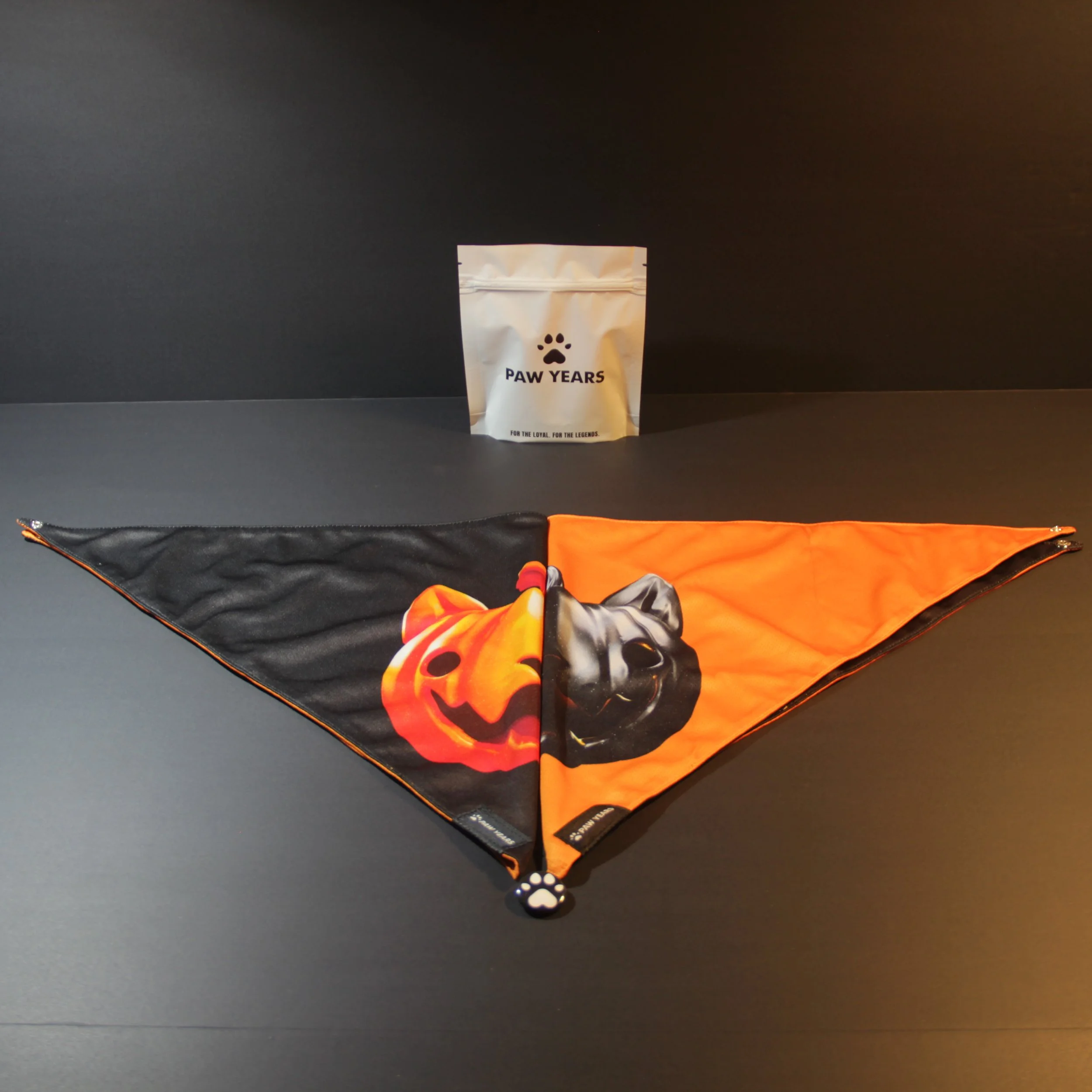 Wide flat lay of Salem reversible Halloween bandana set showing both glowing orange and black pumpkin designs with packaging.