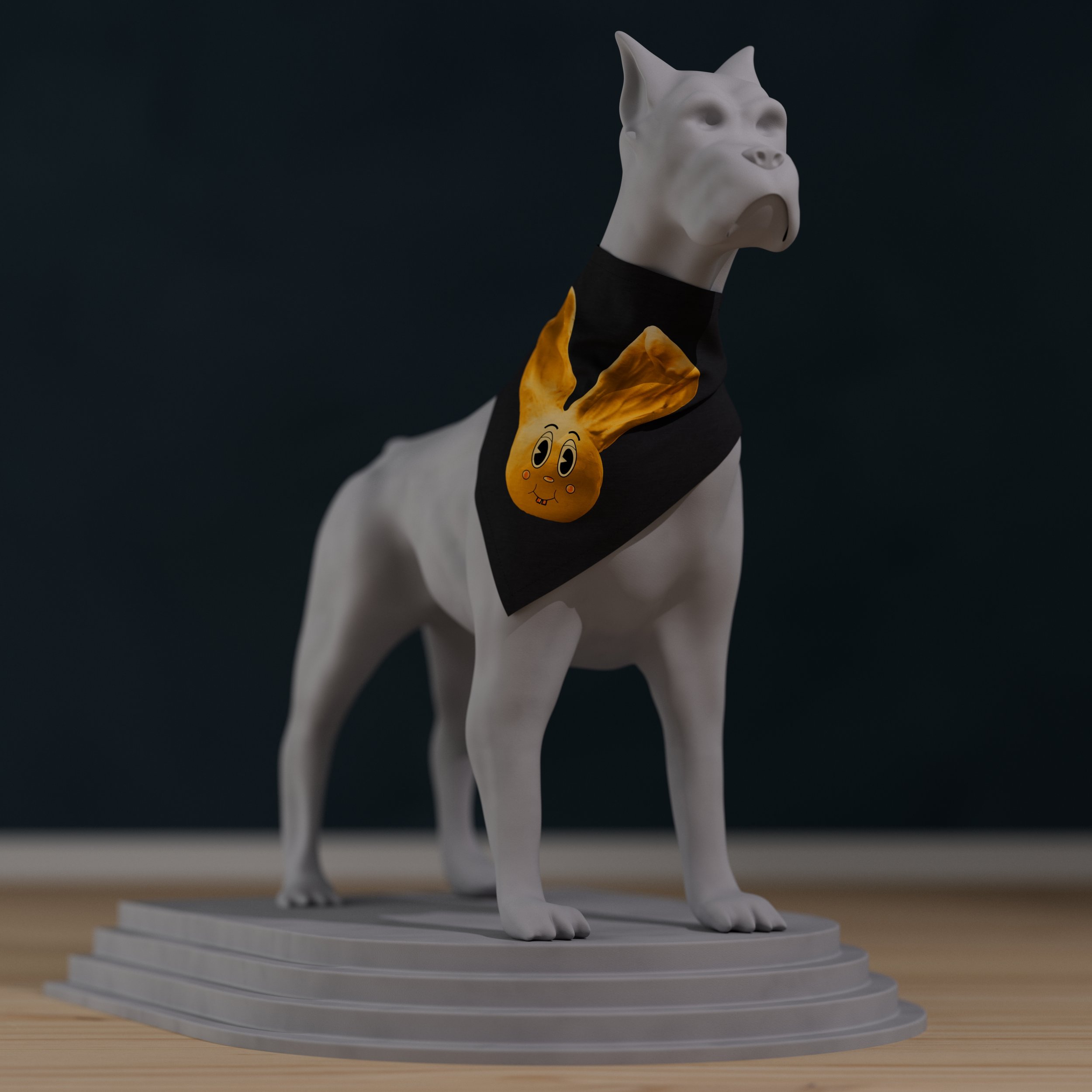 Sunny Bun pet bandana on a large dog, featuring a bright yellow bunny with blushing cheeks, on a black bandana, side view.