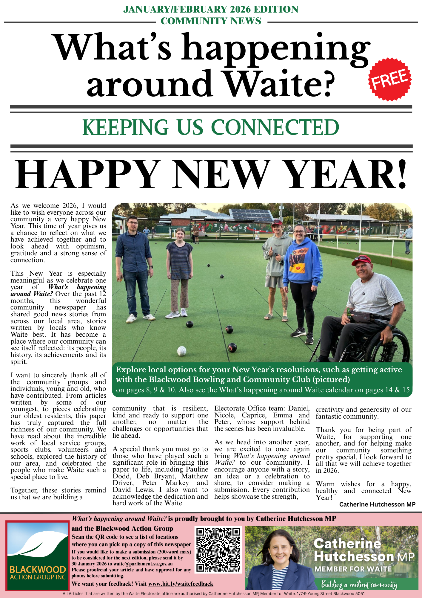 A community newsletter titled 'What's happening around Waite?' with a headline 'Happy New Year!' The newsletter features a photo of five people, including a person in a wheelchair, standing on a lawn bowl green. The text discusses community achievements, local events, and thanks contributing community members, with an emphasis on welcoming the new year and supporting local activities.