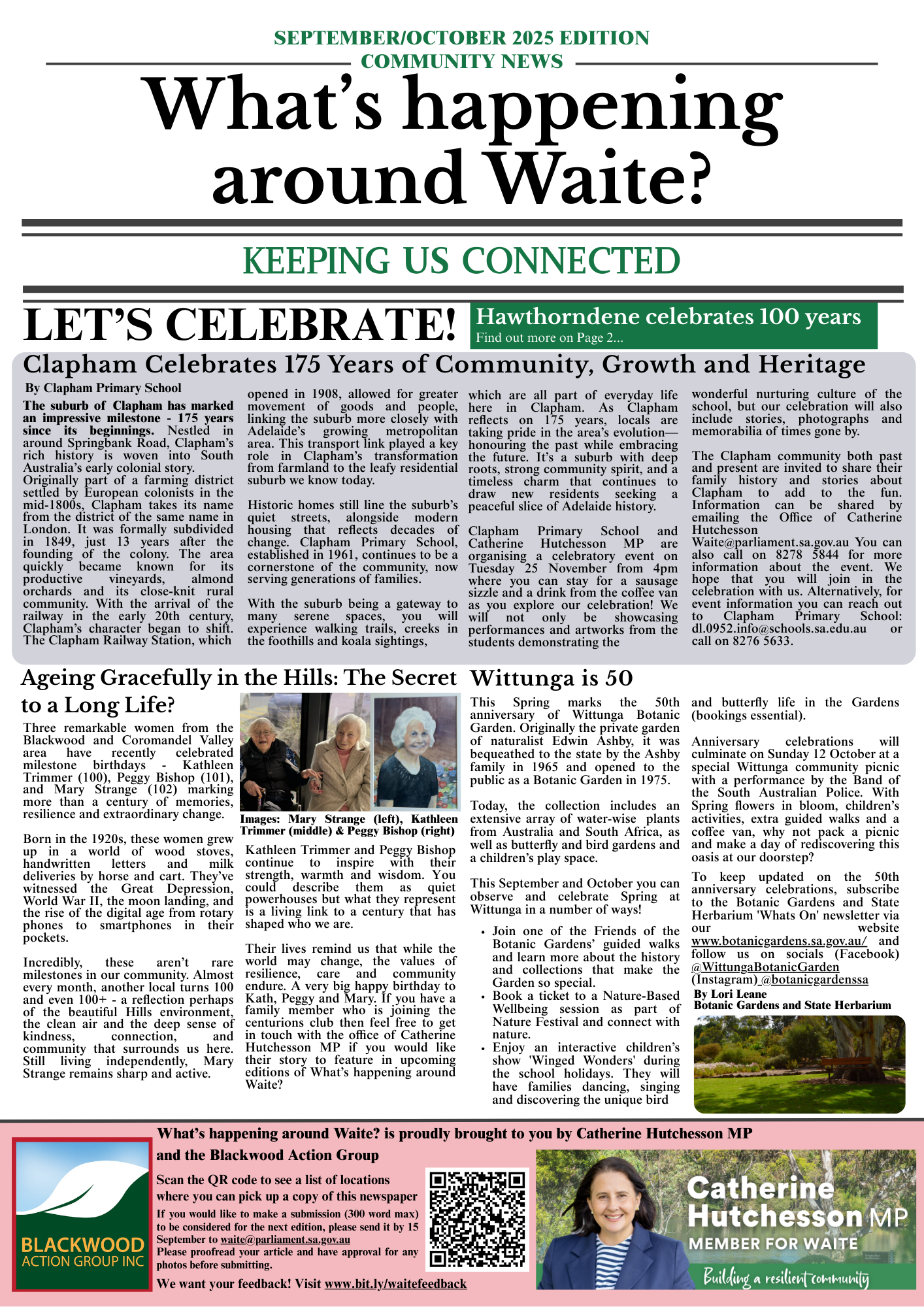 September/October 2025 issue of community news titled "What’s happening around Waite?" featuring articles about local celebrations, historical landmarks, and community events, including Hawthorndene's 100th anniversary, Clapham's 175 years, and a butterfly garden celebration.