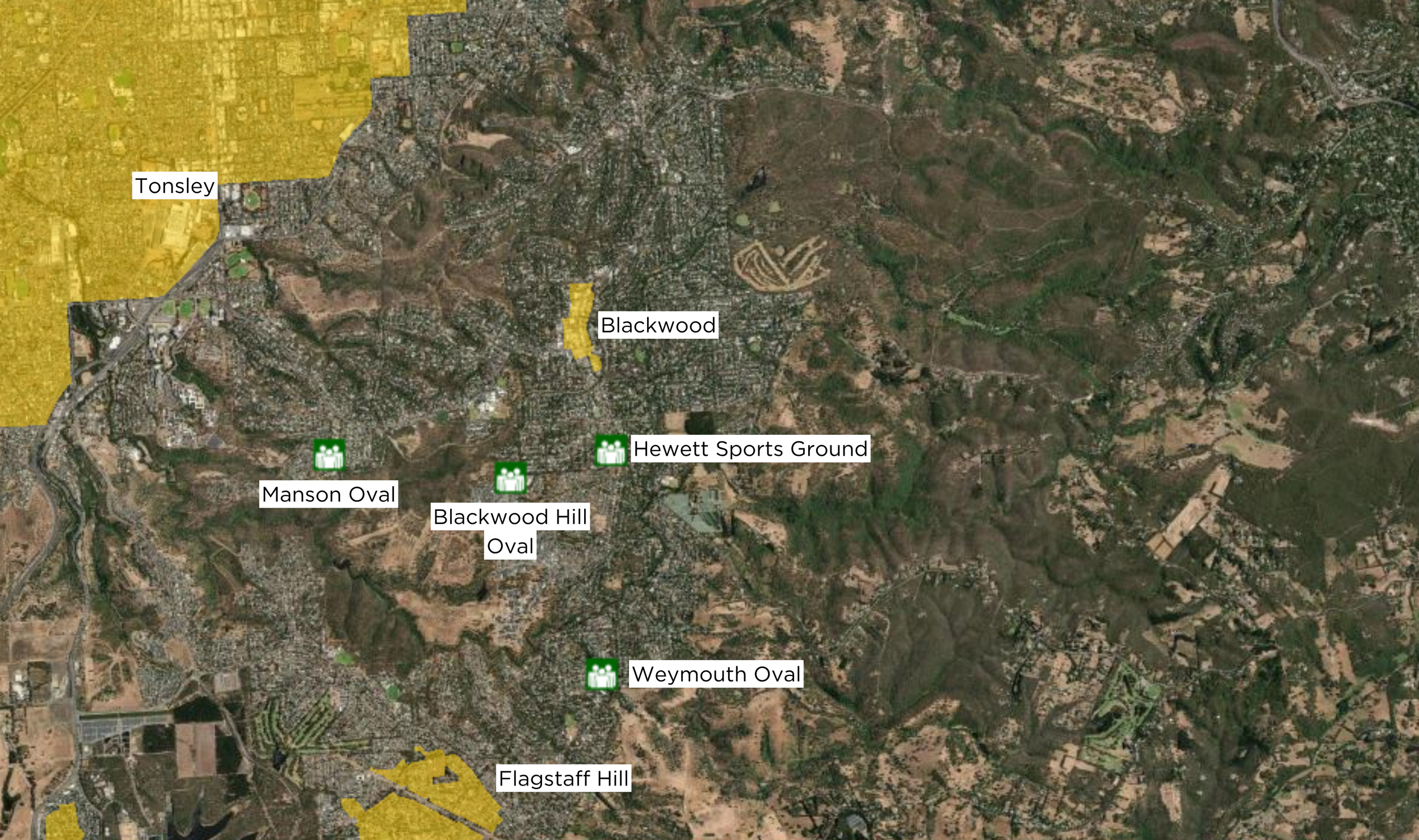 Satellite map showing various locations with labels, including Blackwood, Harris, Weymouth Oval, Hewett Sports Ground, and surrounding neighborhoods like Tonsley and Flagstaff Hill. The map features a landscape with urban areas, sports venues, and natural green areas.