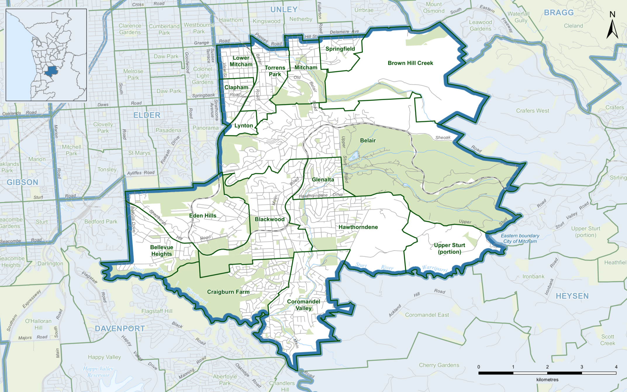 Map of the city of Mitcham with neighborhood boundaries outlined in green and blue, including labels for areas like Belair, Eden Hills, Craigburn Farm, Blackwood, and Upper Sturt, with surrounding regions and natural features.