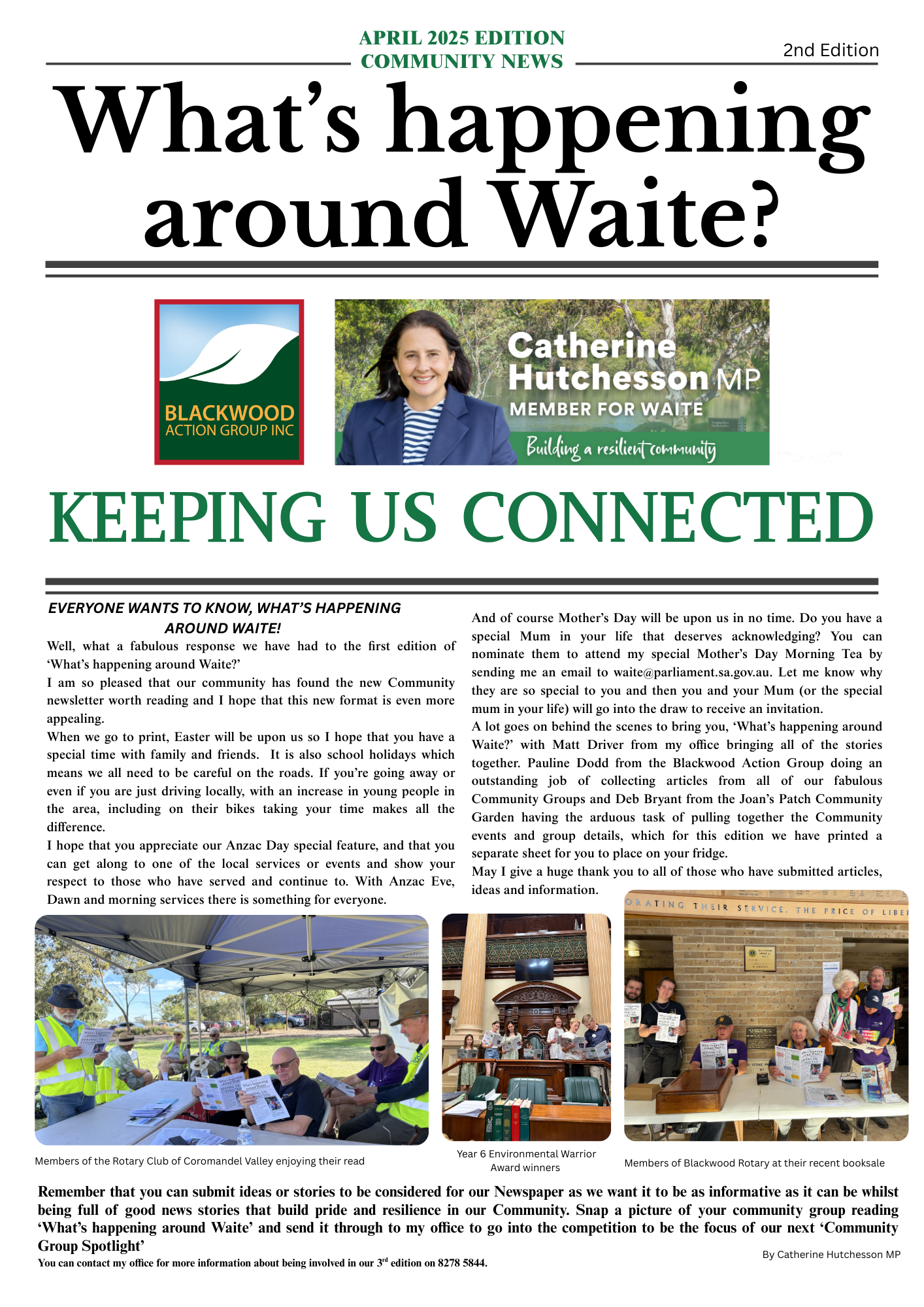 A community newsletter titled 'What's happening around Waite?' with various photos of local events, including members of the Rotary Club enjoying a read, award winners, and Rotary members at a book sale.