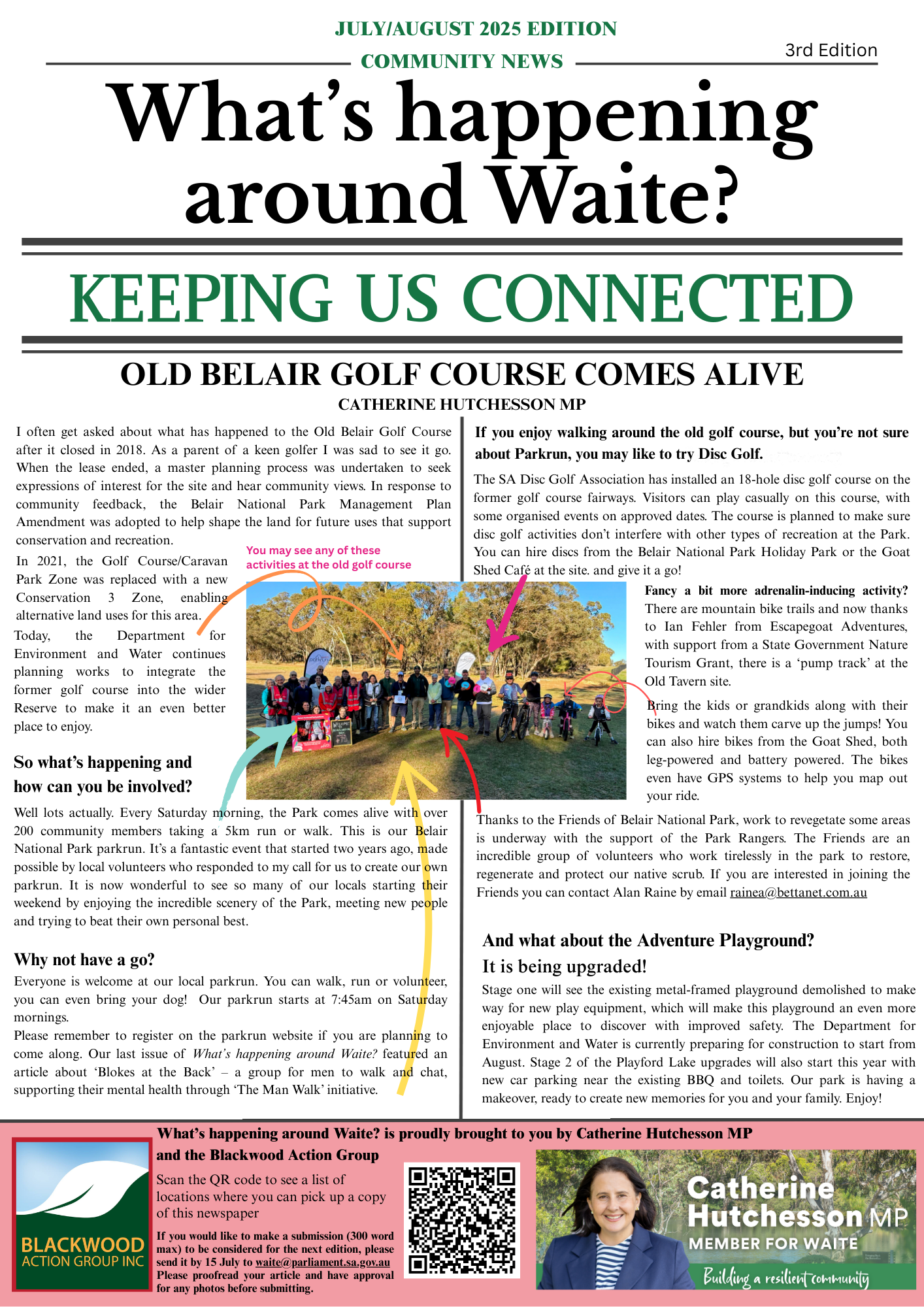 A community newsletter titled 'What's happening around Waite?' with articles about local events, activities at the old golf course, and updates on the adventure playground, featuring a group photo of volunteers with annotations pointing to activities like disc golf and park work.