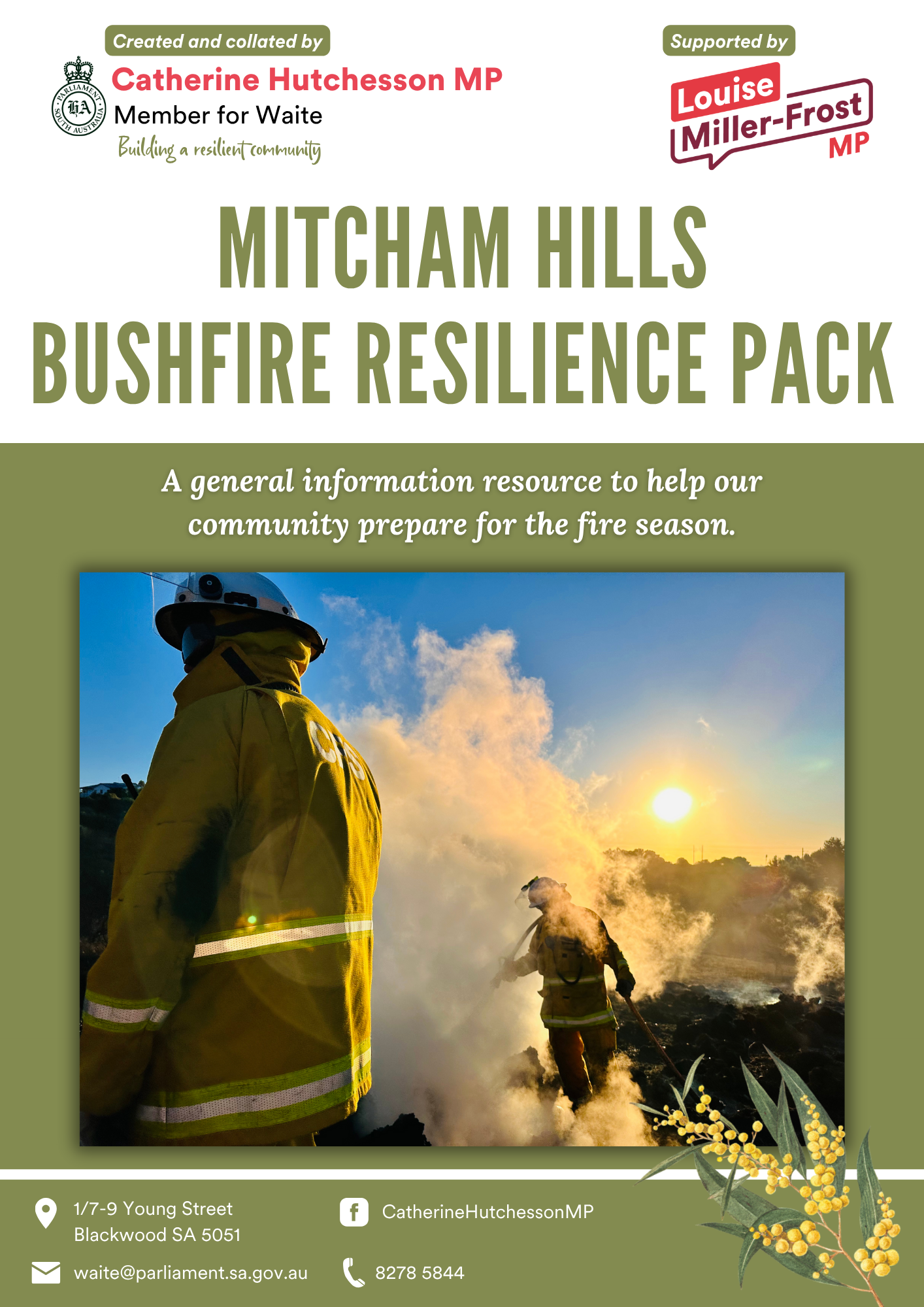 Cover page of Mitcham Hills Bushfire Resilience Pack featuring firefighters in yellow gear battling a fire at sunset, with contact information and logos for Catherine Hutchesson MP and Louise Miller-Frost MP.