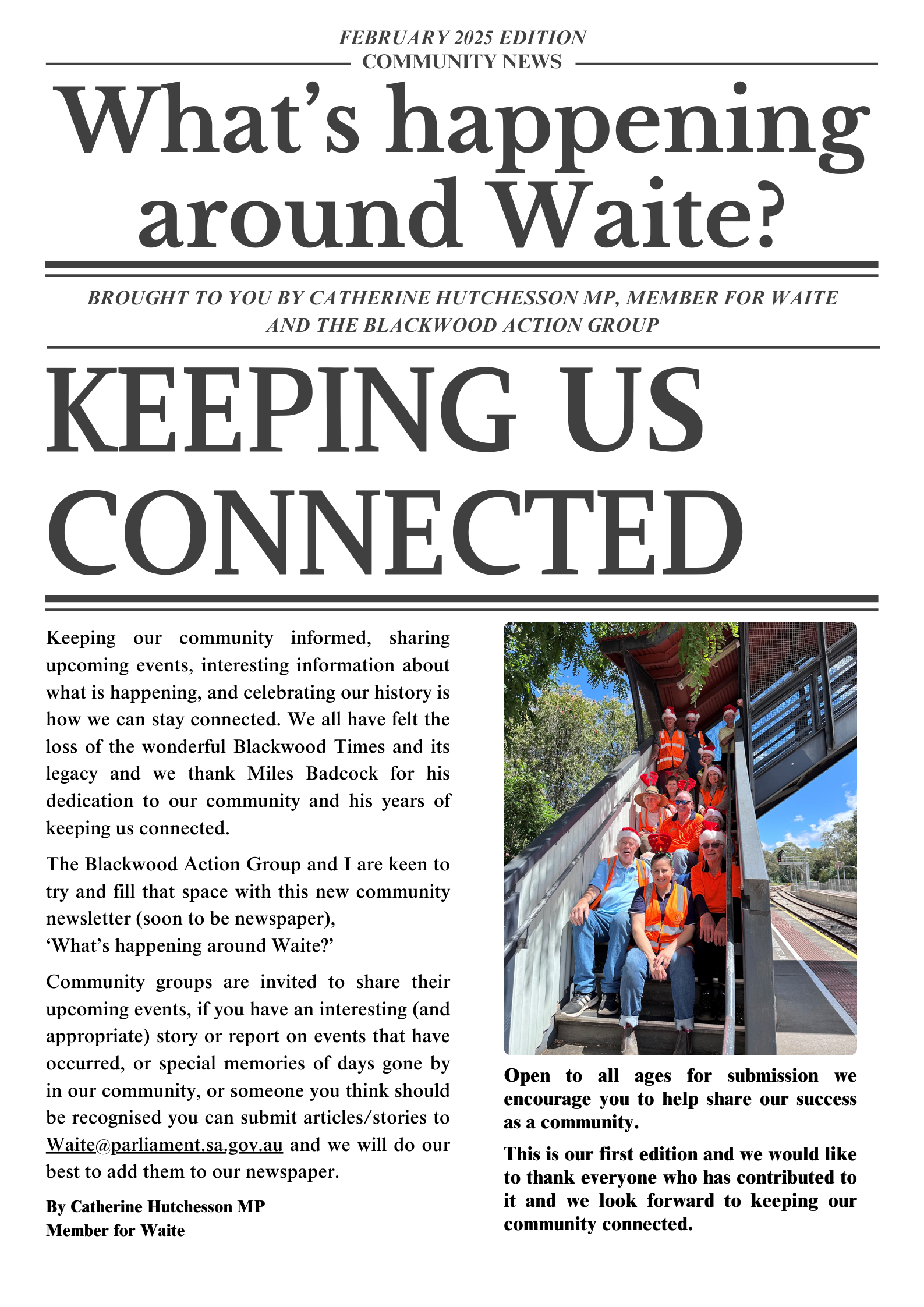 February 2025 community news newsletter titled "What's happening around Waite?" with a photo of a group of people, mostly adults, sitting on a train platform staircase, some wearing orange safety vests and Santa hats, under a tree with a clear blue sky.