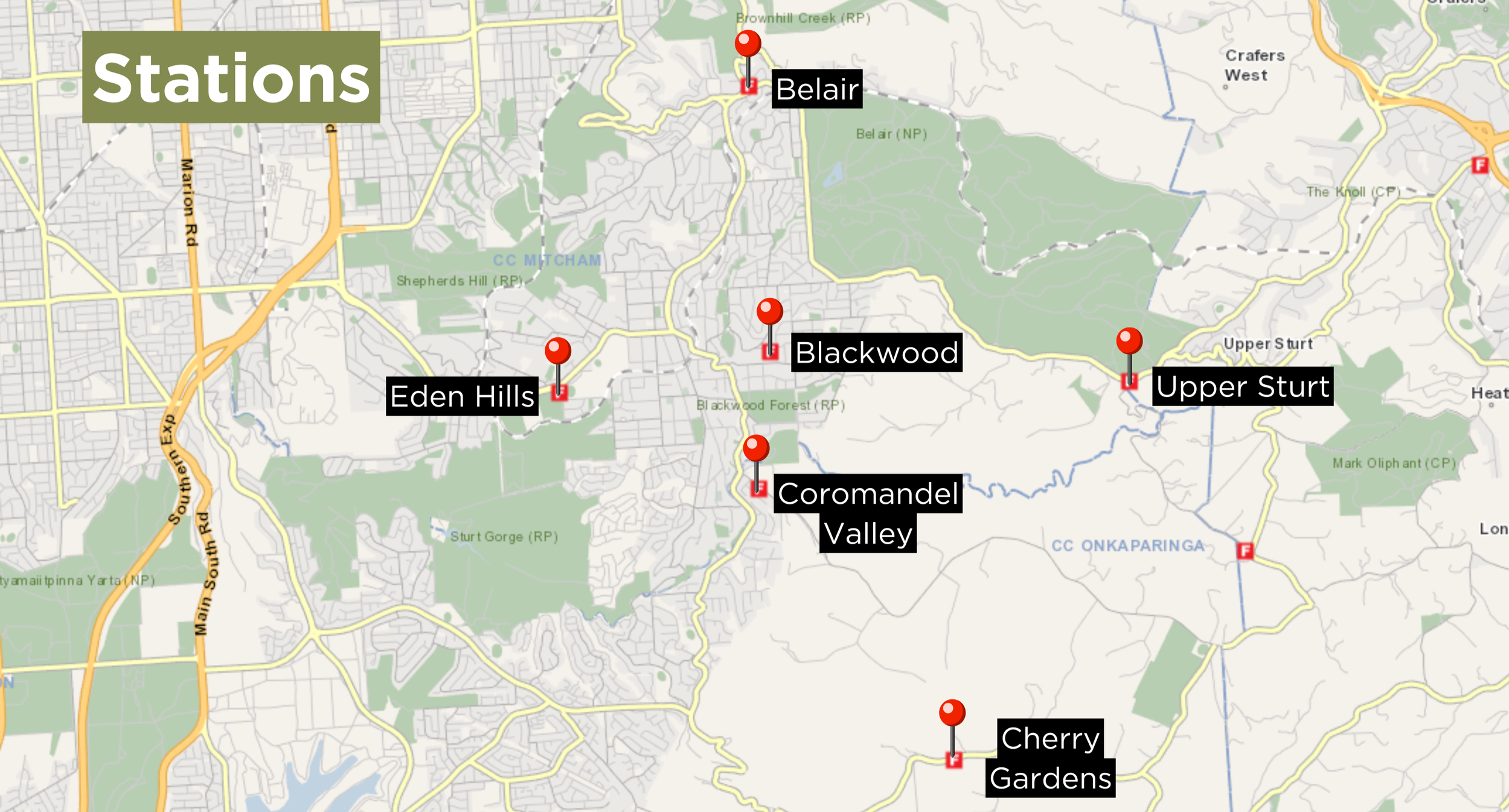 Map showing the locations of train stations including Belair, Blackwood, Eden Hills, Coromandel Valley, Upper Sturt, and Cherry Gardens.