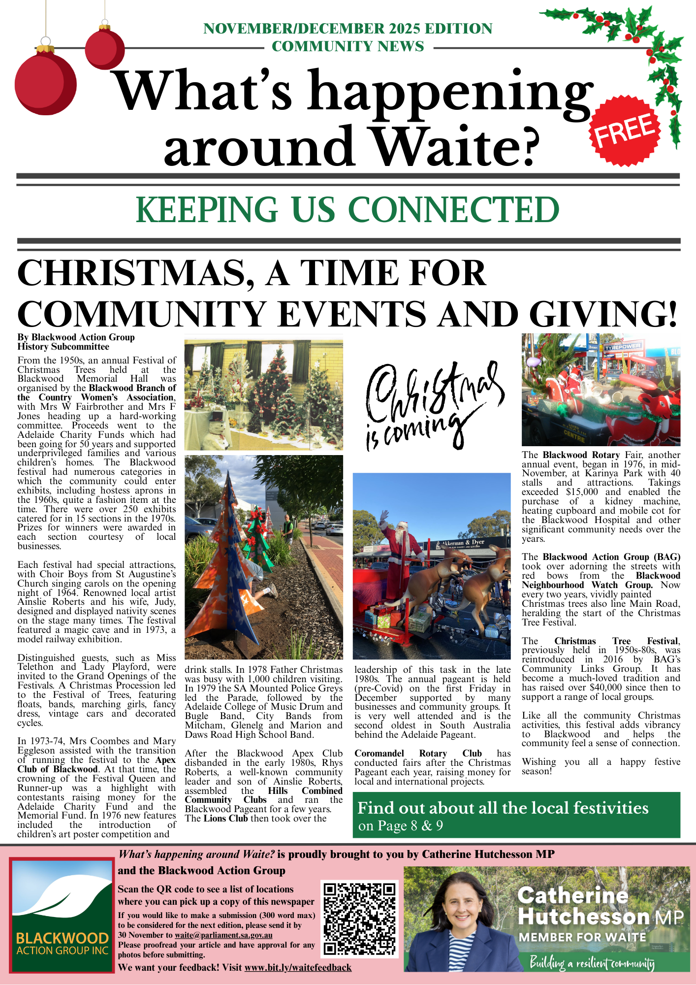 Front page of a community newspaper, titled "What's happening around Waite?" for November/December 2025. It features holiday decorations, Christmas-themed images, and articles about local Christmas and community events, including a Rotary Fair, the Blackwood Action Group activities, and a Christmas Tree Festival.