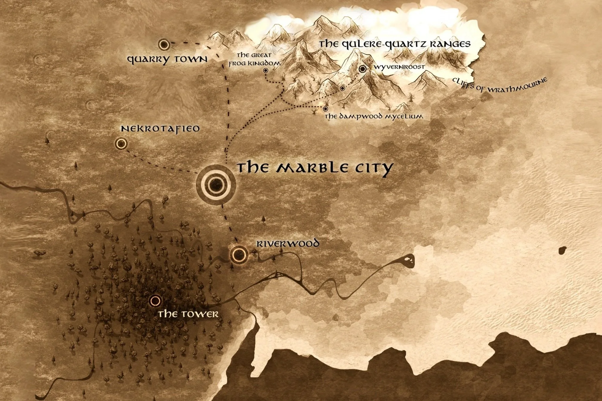 A fantasy-style map showing locations such as Quarry Town, The Marble City, Nekrotafio, Riverwood, and The Tower, with mountain ranges, forests, and paths marked on a parchment-colored background.