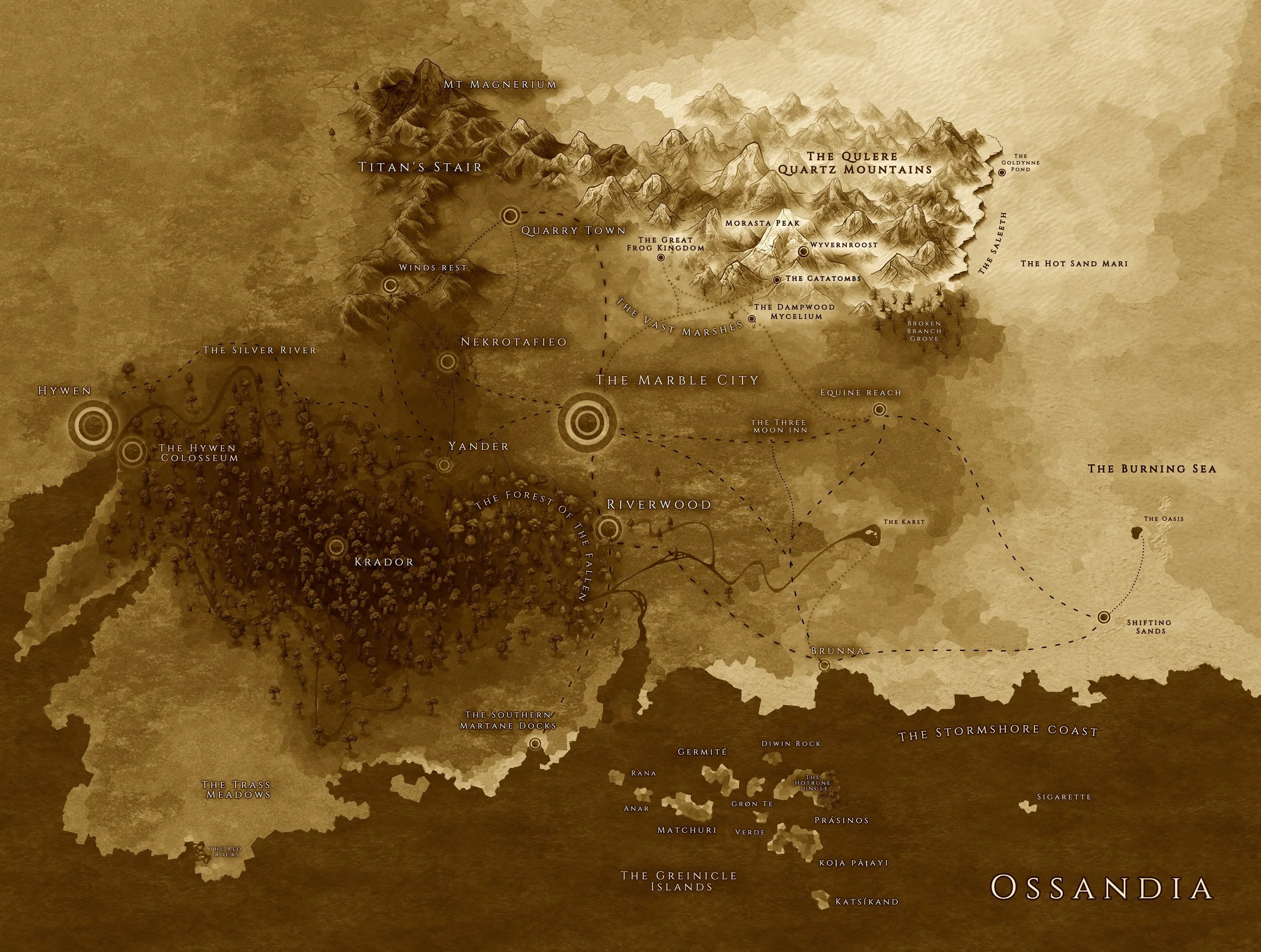 A fantasy-style map featuring mountain ranges, forests, and various locations such as Quarry Town, The Silver River, The Hywen Colosseum, The Marshes, The Burning Sea, and Ossandia. The map has a sepia tone with labeled geographical features and settlements.
