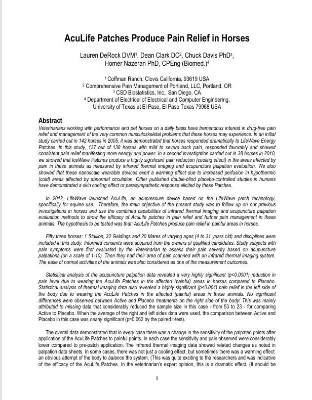 Title page of a scientific paper titled 'AcuLife Patches Produce Pain Relief in Horses', including authors and affiliations, with an abstract discussing the study on AcuLife patches for pain relief in horses.