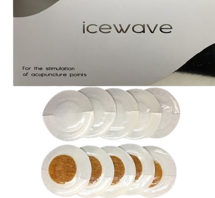 A box labeled 'icewave' with acupressure points, six adhesive acupressure pads, and a blue and orange sticker.