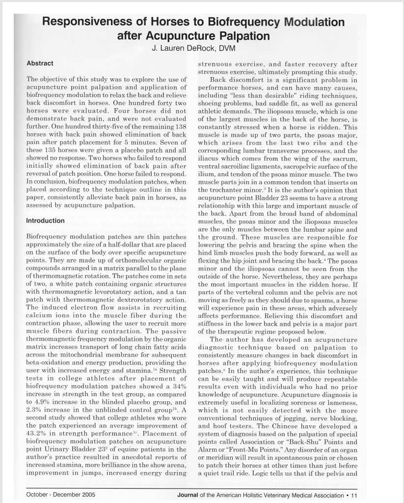 Scientific journal article titled "Responsiveness of Horses to Biofrequency Modulation after Acupuncture Palpation" by J. Lauren DeRock, DVM, from October to December 2005.