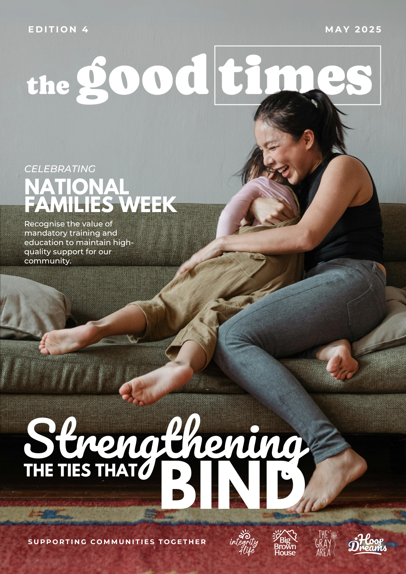 A woman and a young girl hugging and smiling on a green couch in a living room, celebrating National Families Week.