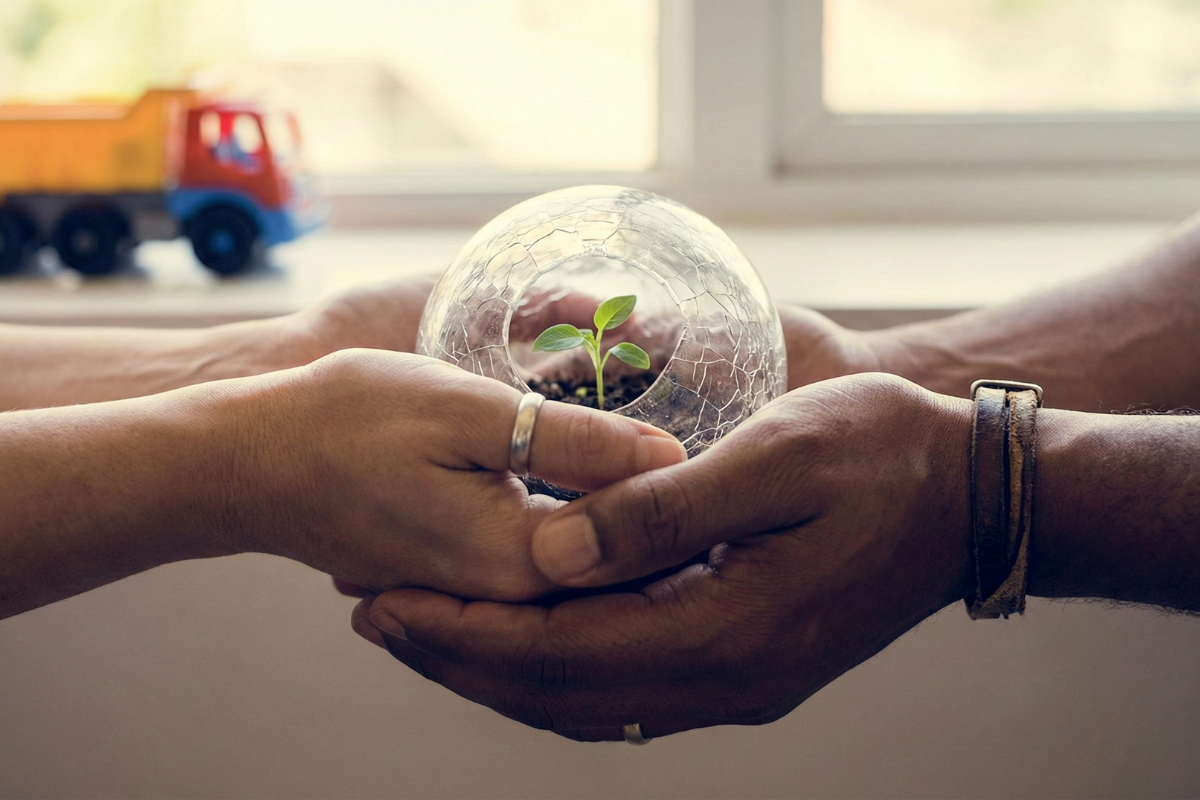 An image of two adult hands gently holding a fragile object, like a small plant or a glass sphere, representing the need to collaborate with someone you may feel hurt by while still protecting your child.