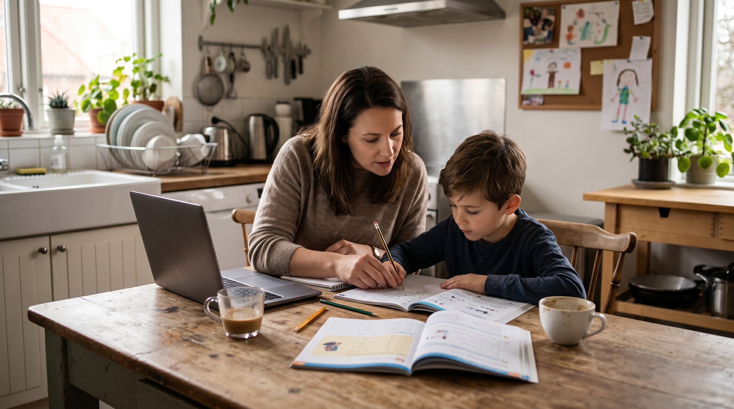 A mother sits with her son at the kitchen table helping him with homework, just the two of them.