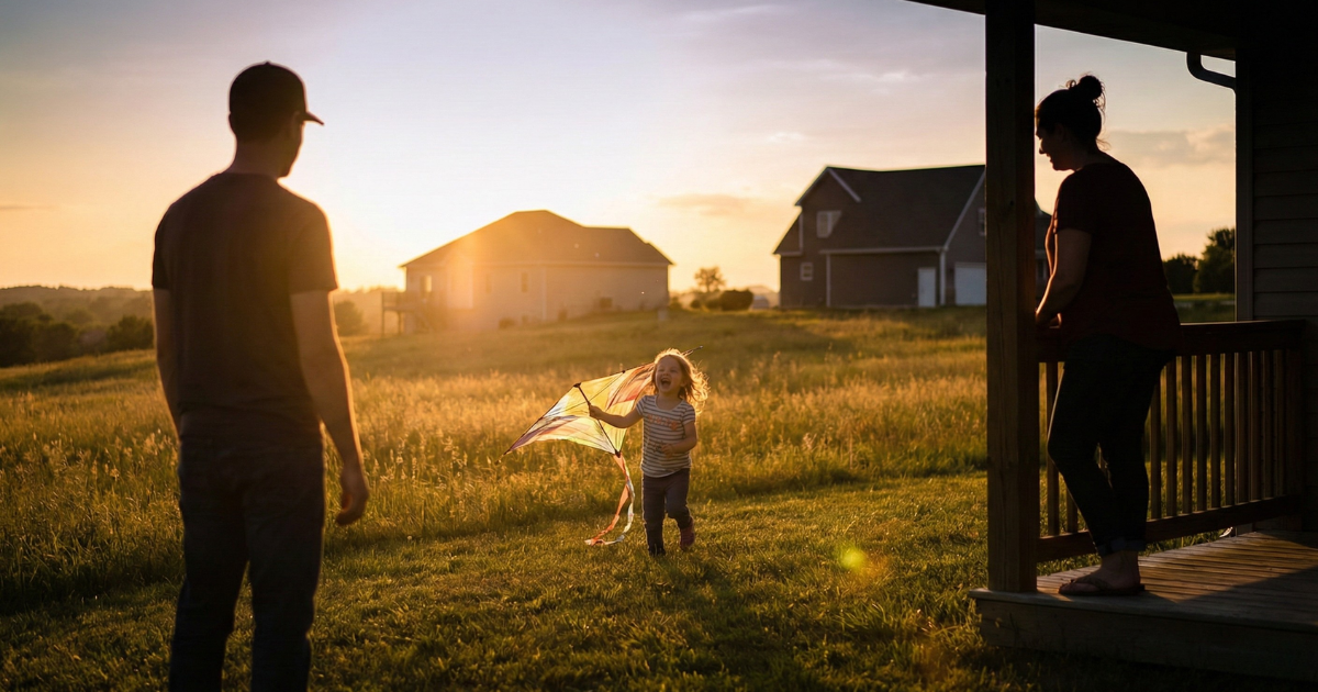 A silhouette of two adults standing apart on opposite sides of the frame, but both watching a happy child playing in the center, highlighting that despite the two households, the shared commitment to the child remains.