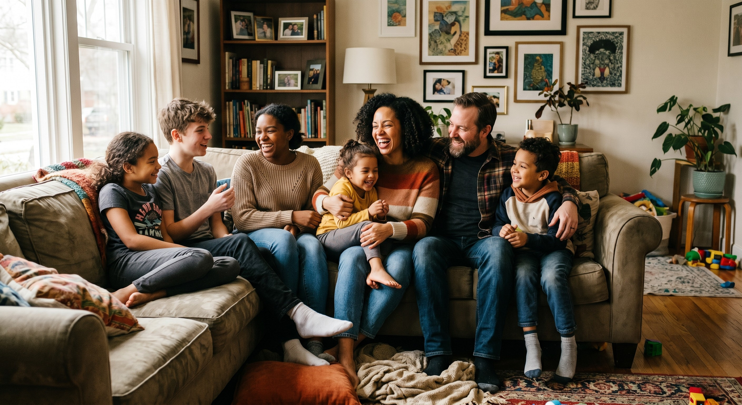 A blended family gathered in a living room, not quite at ease, a quiet moment between adjustments.