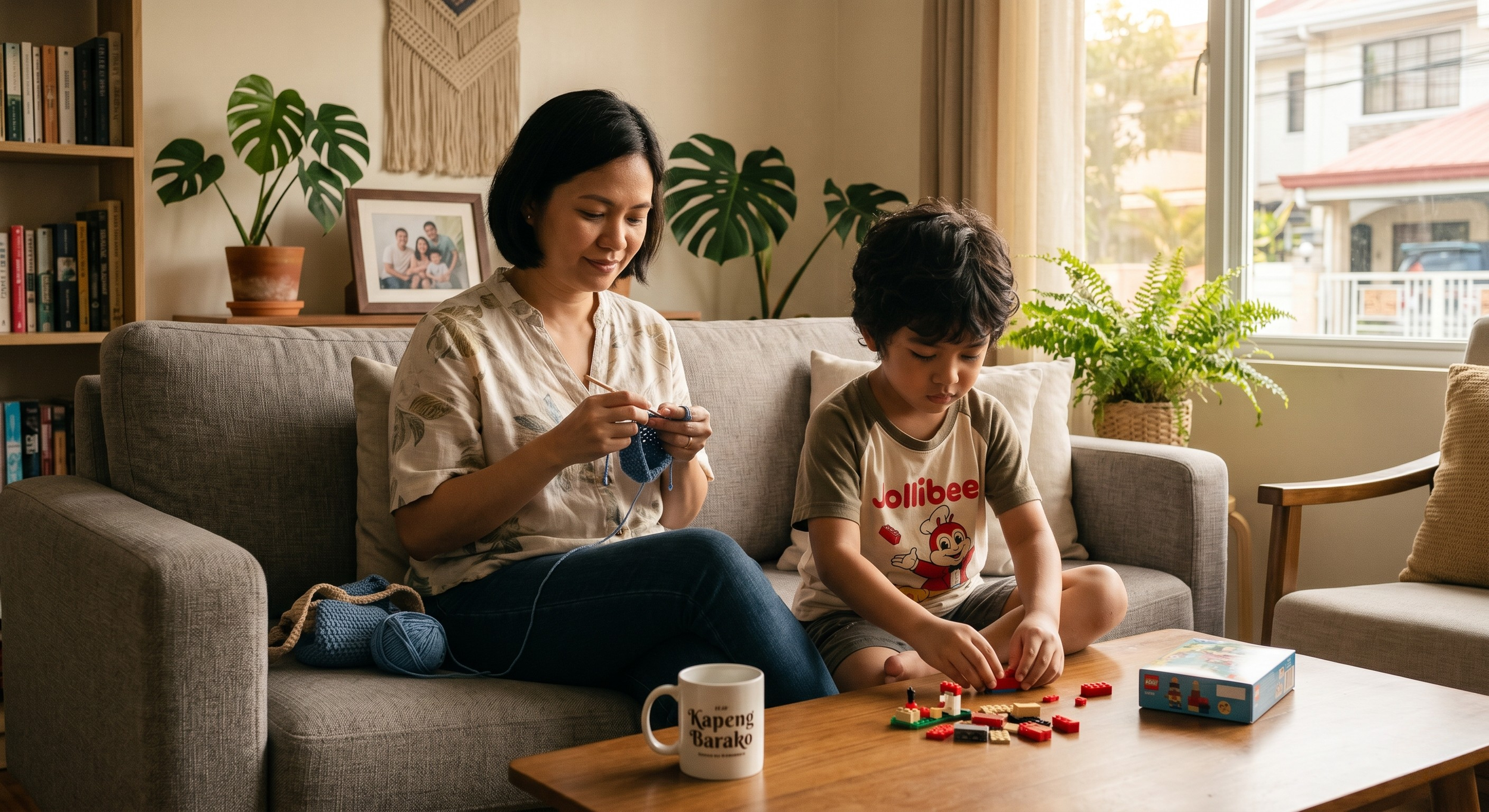 A parent and child sitting together quietly, sharing a low-key moment at home.