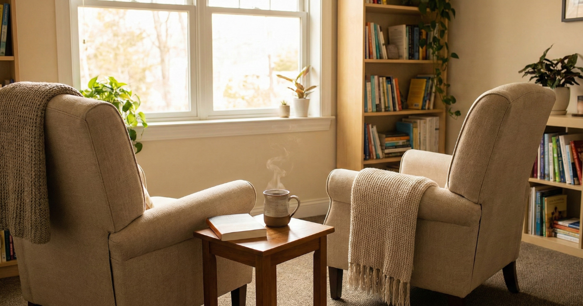 A bright, welcoming image of two empty chairs in a cozy therapy office, or a warm cup of coffee on a table, representing the steady, supportive space you provide to help parents navigate this journey