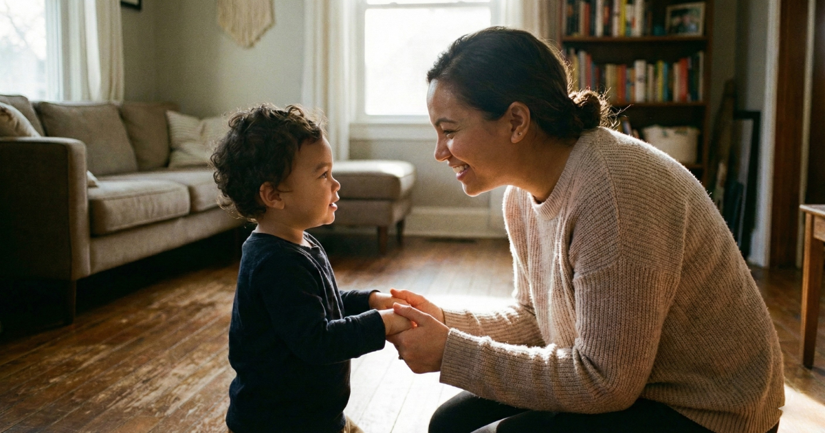 A tender, eye-level photograph of a mom kneeling down to look their child directly and warmly in the eyes, emphasizing the need to respond to the child rather than reacting to the ex.