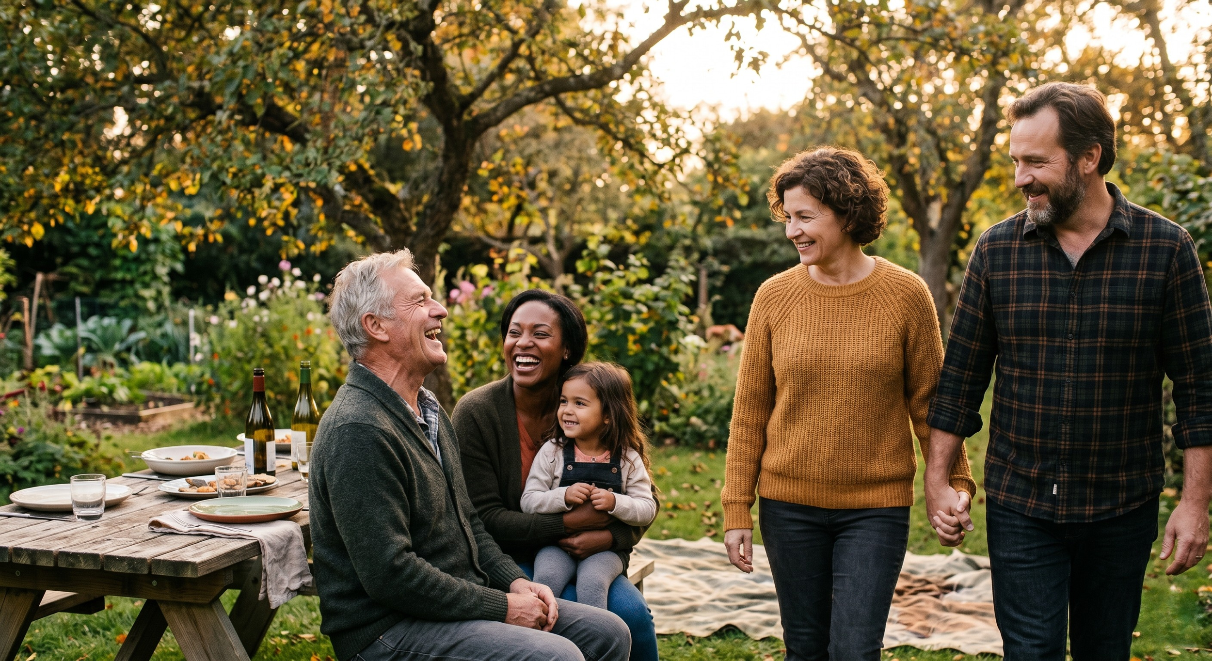 A family walking together outdoors, candid and unhurried, moving in the same direction.