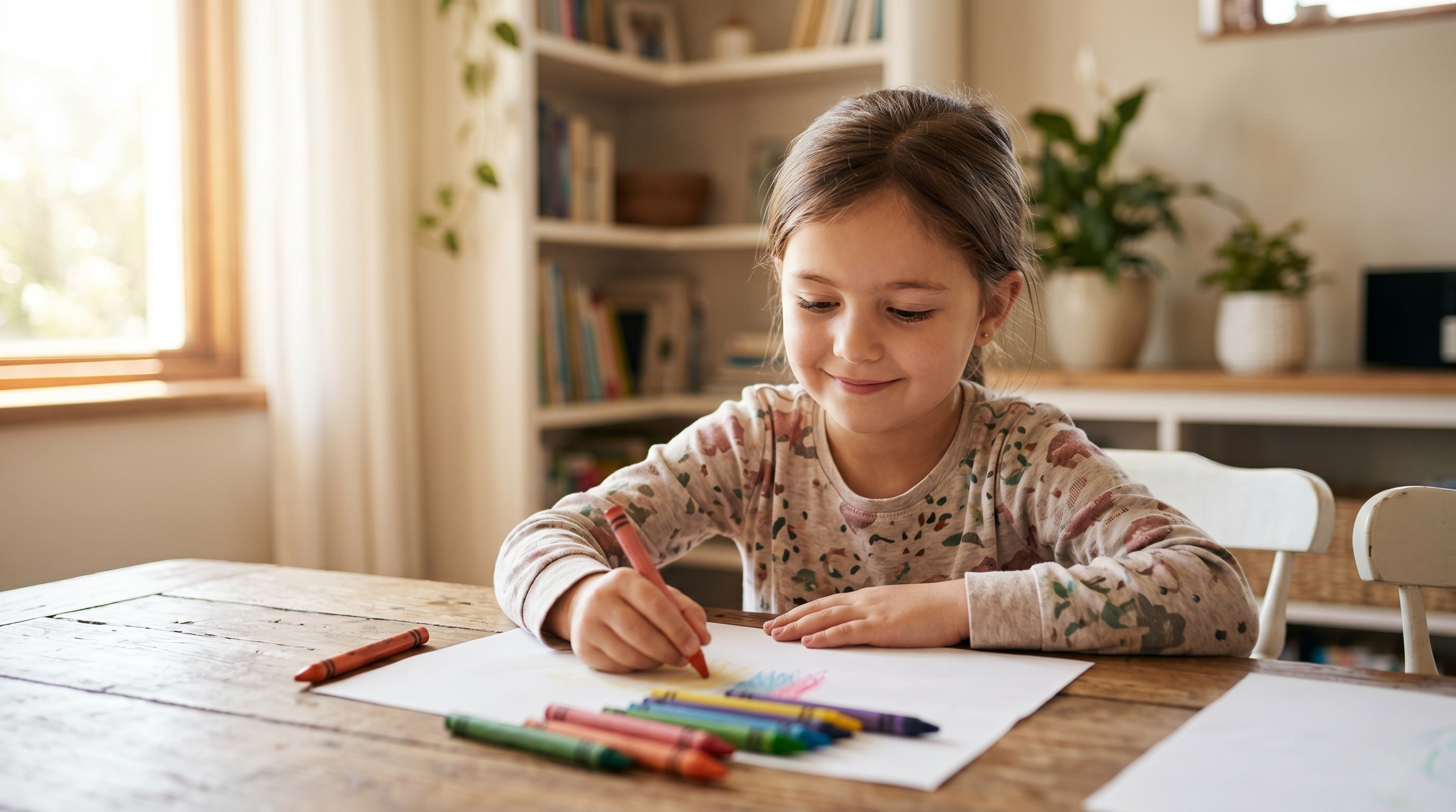A young child draws at a table, focused and calm, in warm natural light at home.