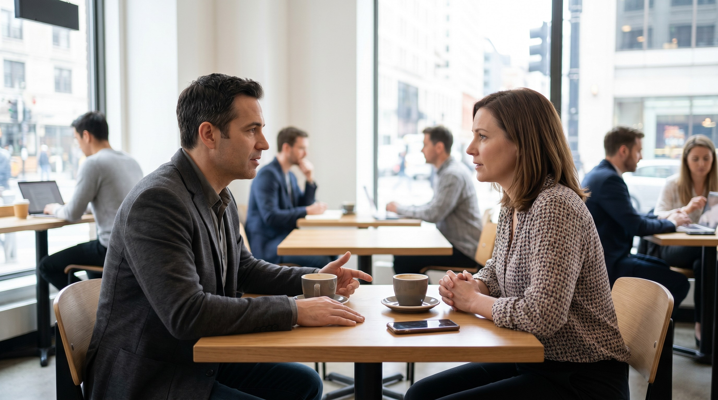 Two adults sit across from each other at a table in calm conversation, focused and composed.