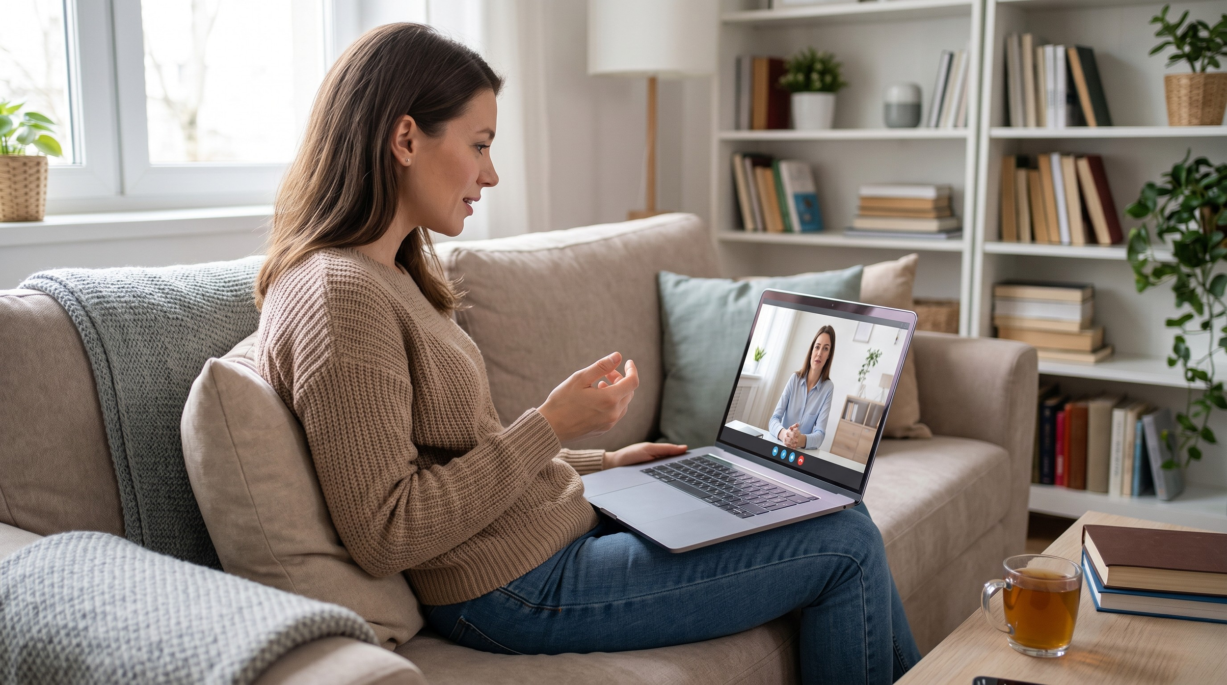 A woman sits on a couch at home on a video call, engaged in an online therapy session.