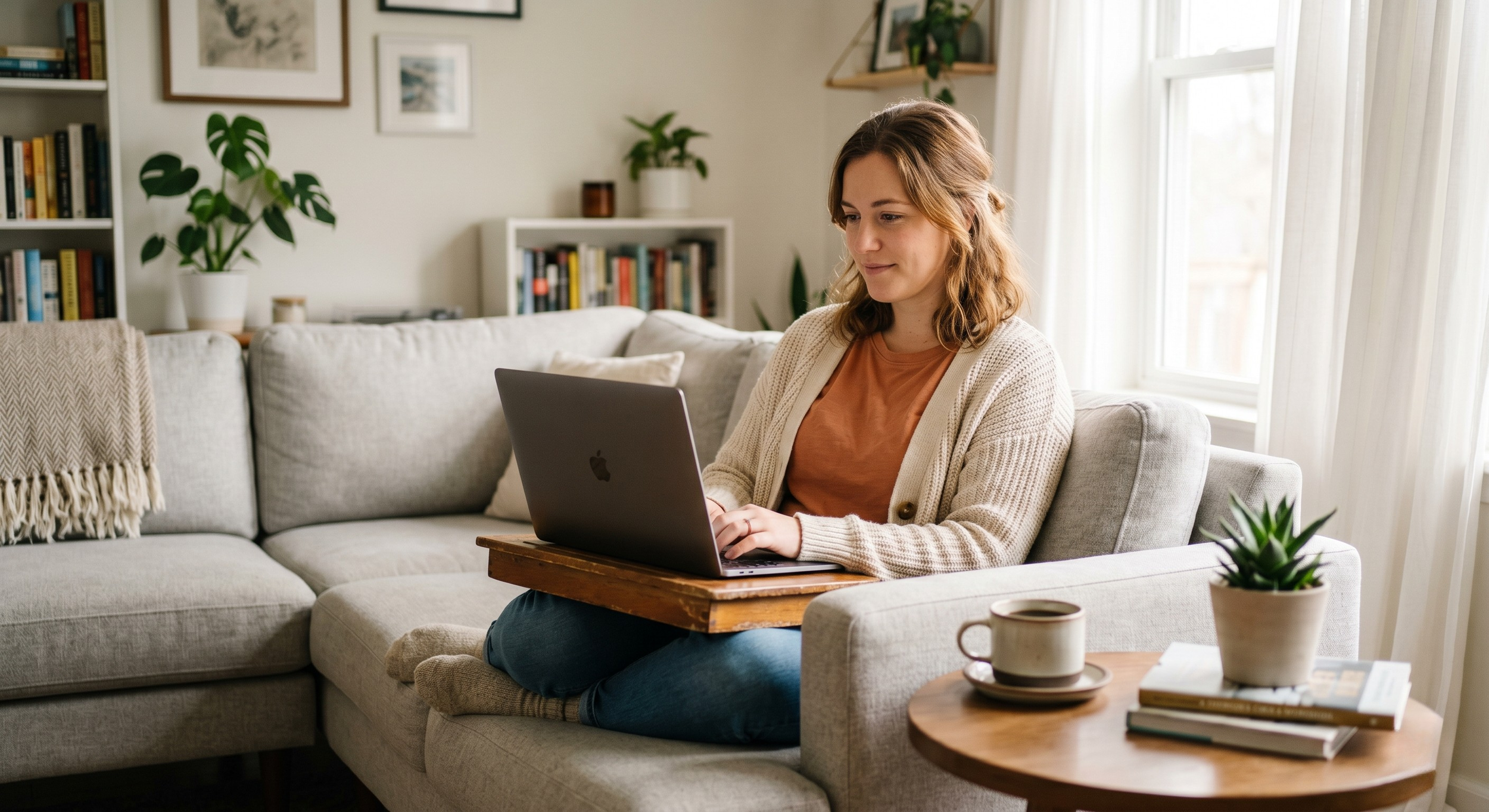 A woman on a video call from her living room, laptop open, natural light coming through the window.