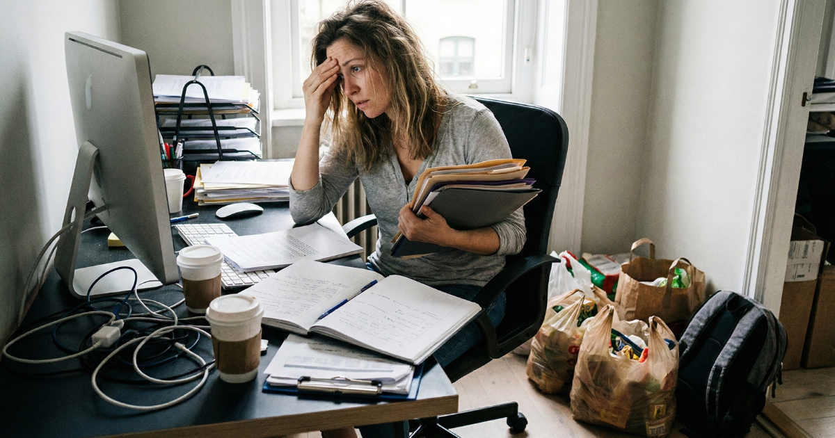 A photo of a woman looking overwhelmed but trying to organize a messy desk or carry heavy bags, symbolizing that people are genuinely doing the best they can with their current capacity and tools.