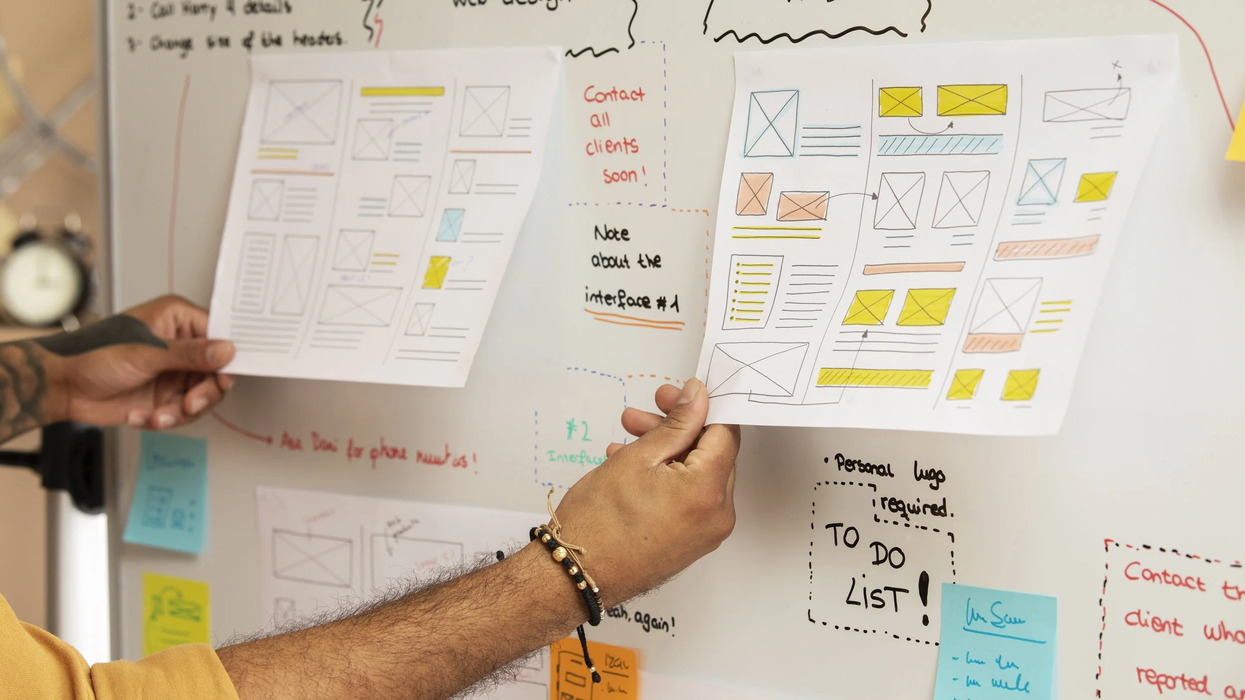 A wall showing wireframes and whiteboard sketches with two hands working together