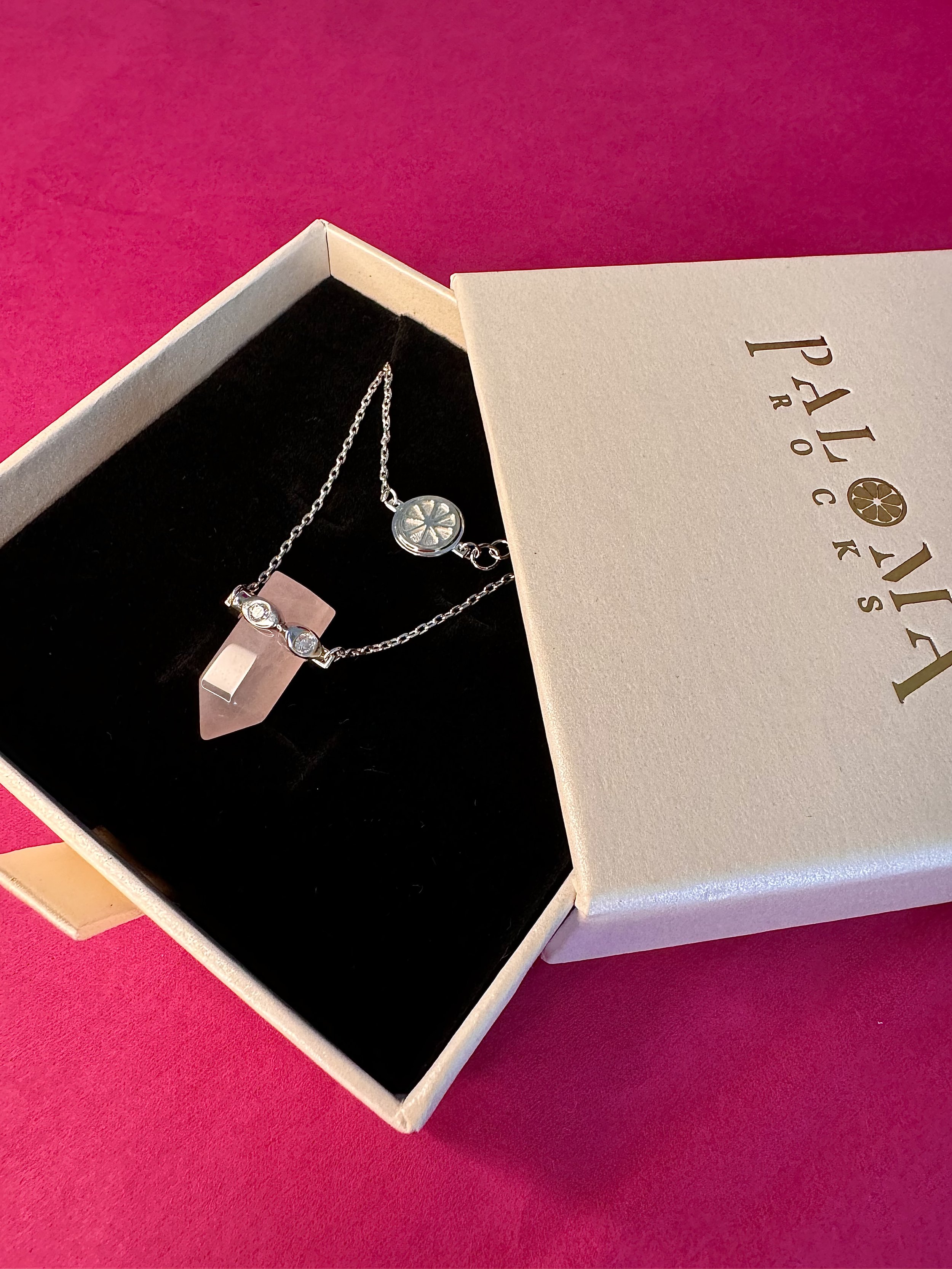 Rose Quartz Single Scallop Diamond Necklace in STERLING SILVER (RHODIUM PLATED)
