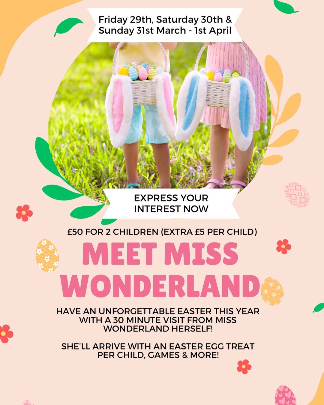 MEET &amp; GREET WITH MISS WONDERLAND THIS EASTER 🐣 please DM or email us if you are interested with a date in mind - we will then work out a route depending on the bookings and let you know what time she can be with you 💗 #easter #eastervisit #pri