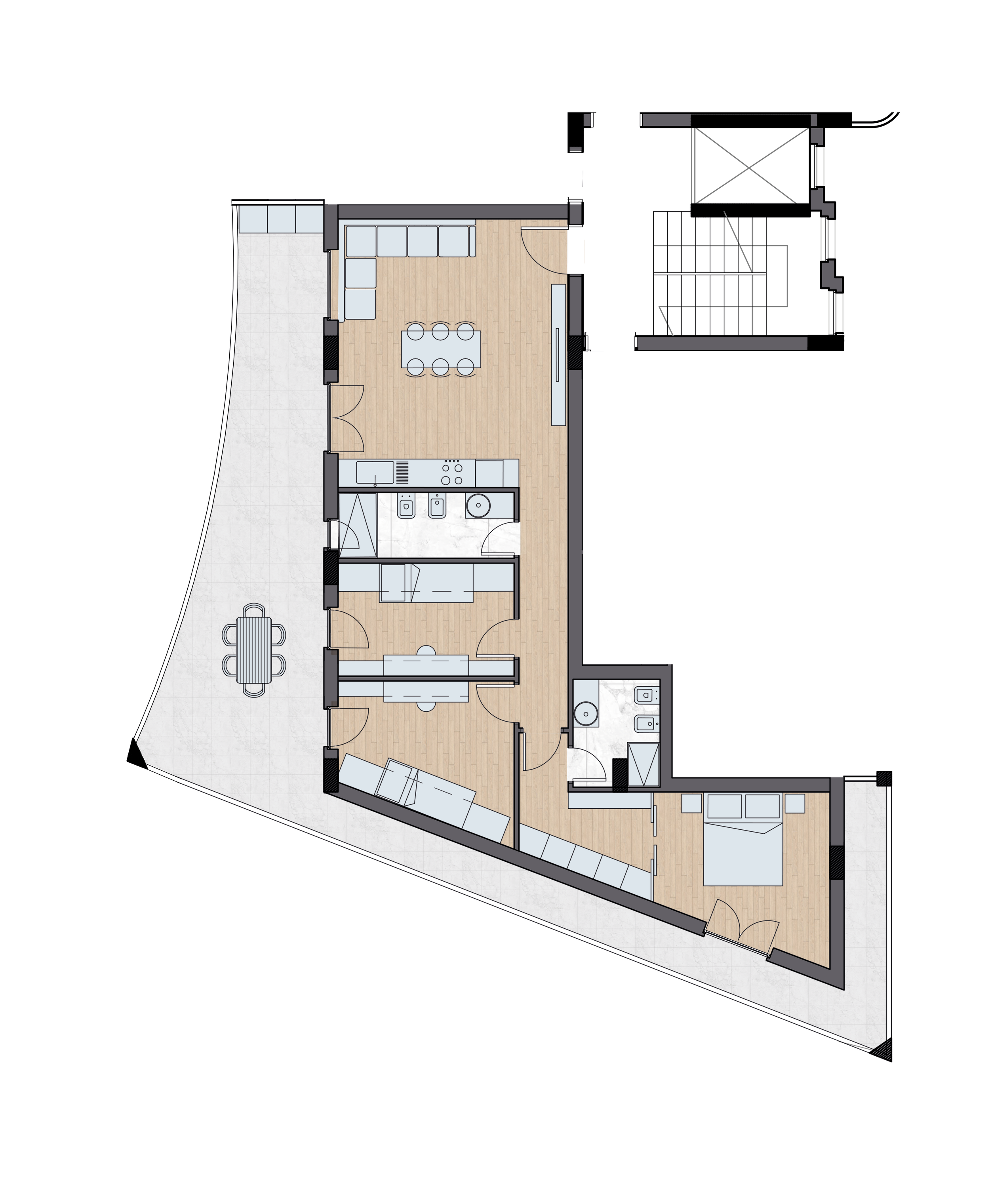 Bilocale con zona living ed angolo cottura, camera matrimoniale e bagno, complete di balzone su tutto il fronte di affaccio dell'appartamento